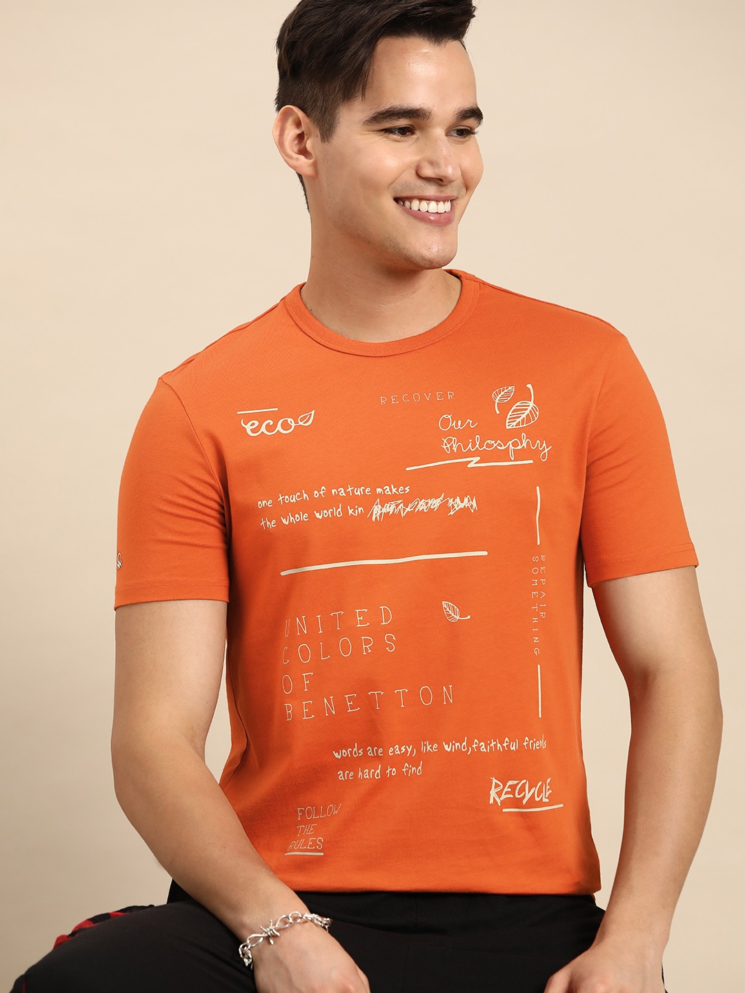 

United Colors of Benetton Typography Printed Pure Cotton T-shirt, Rust