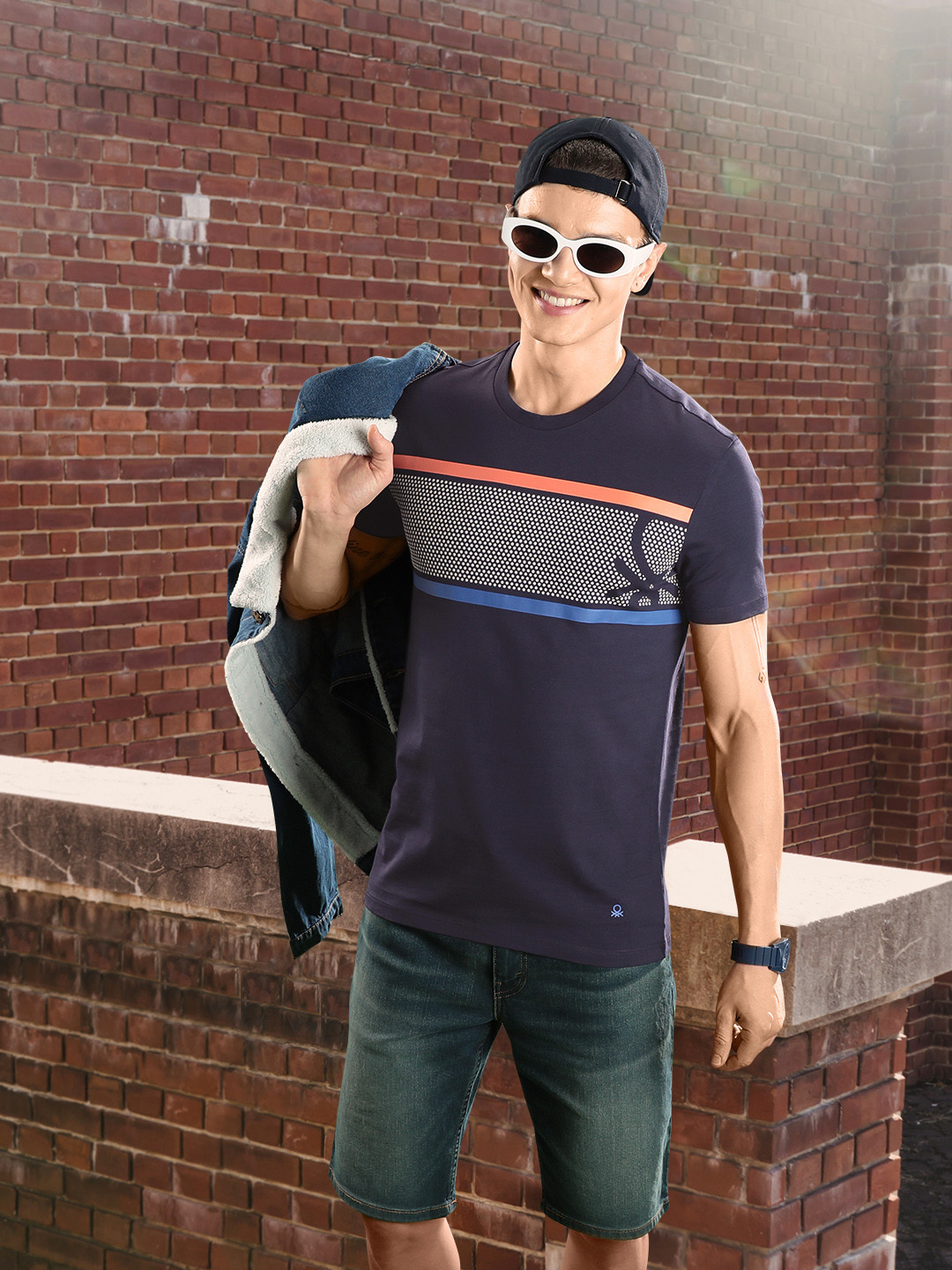 

United Colors of Benetton Embossed Brand Logo Pure Cotton T-shirt, Navy blue