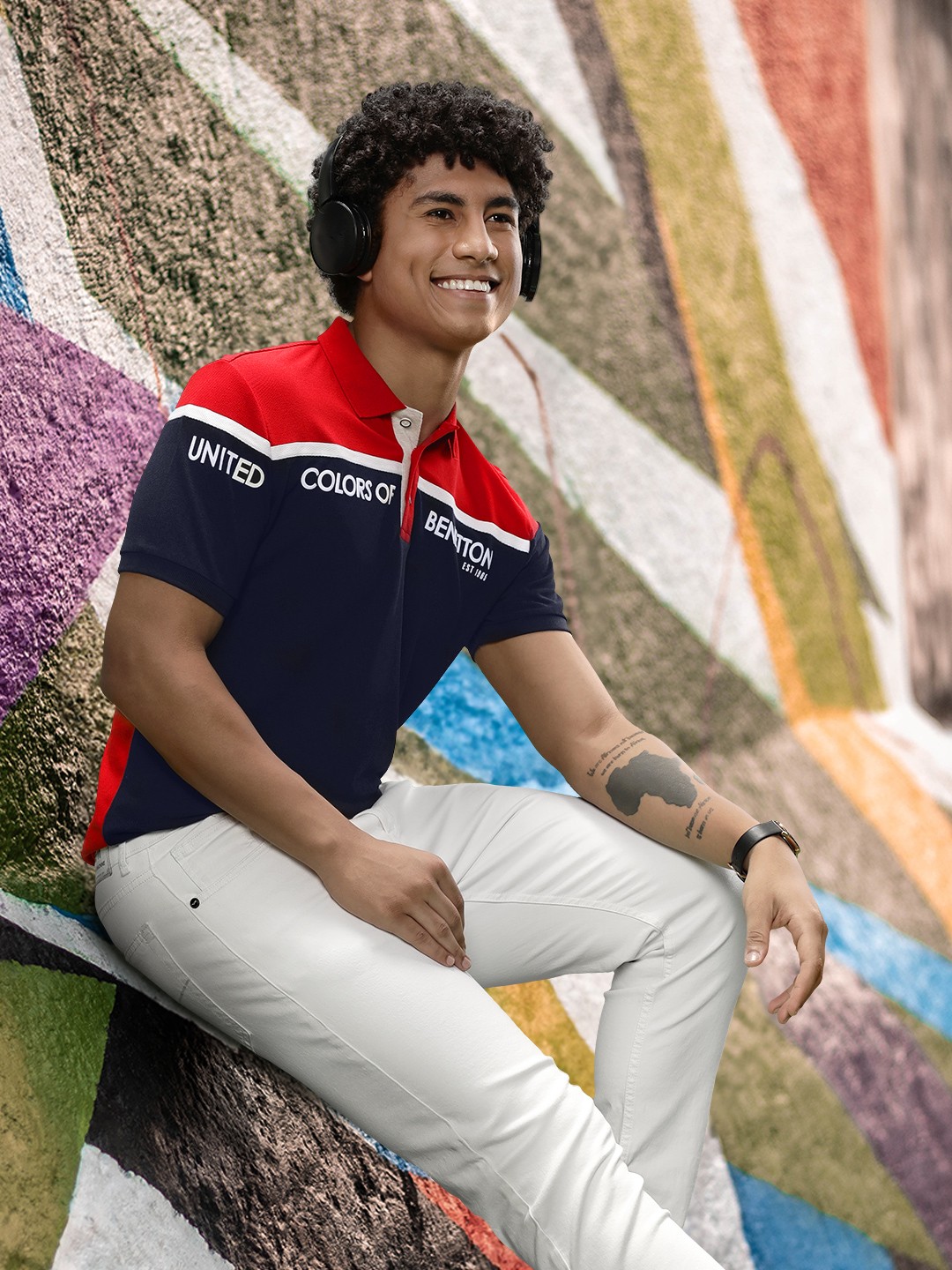 

United Colors of Benetton Striped Polo Collar Pure Cotton T-shirt, Navy blue