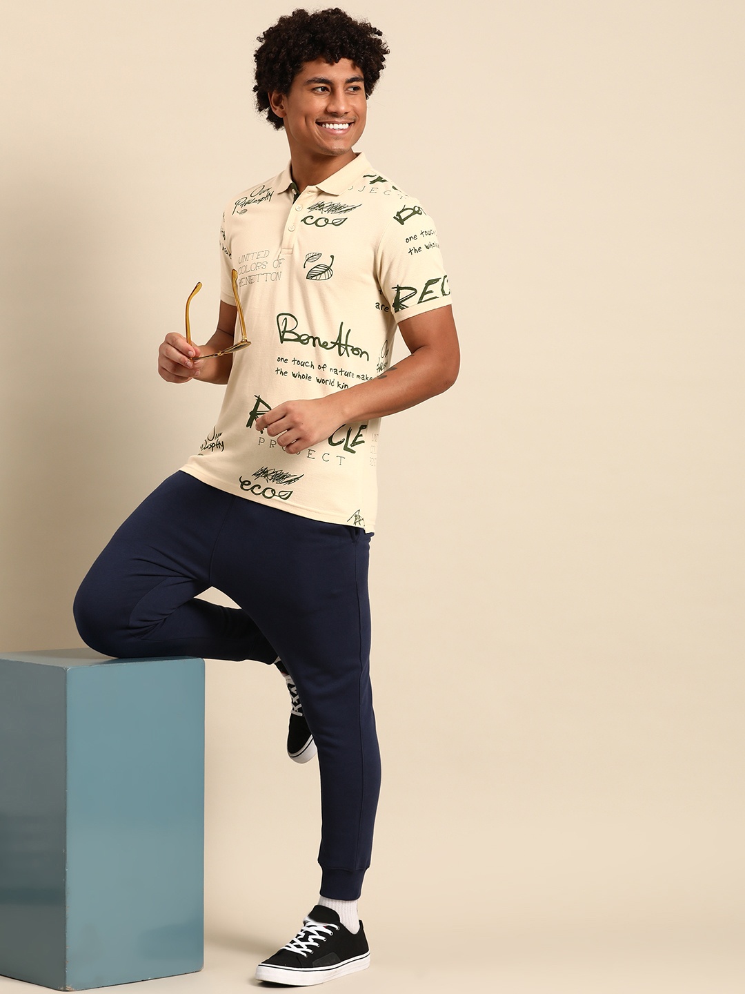 

United Colors of Benetton Typography Print Polo Collar Pure Cotton T-shirt, Beige
