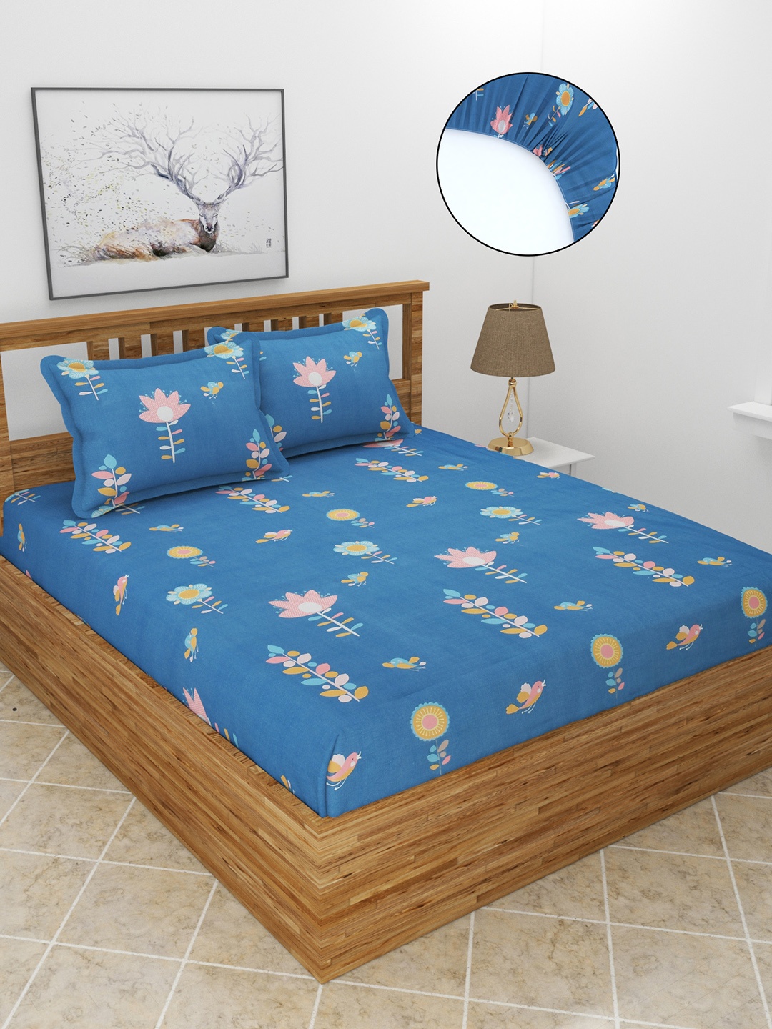 

MORADO Blue & Pink Floral 210 TC Fitted Queen Bedsheet with 2 Pillow Covers