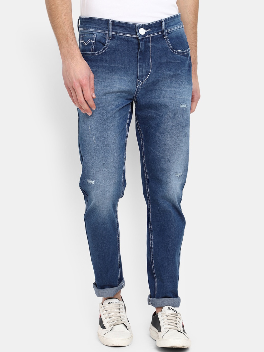 

V-Mart Men Mid-Rise Stretchable Heavy Fade Low Distress Cotton Jeans, Blue