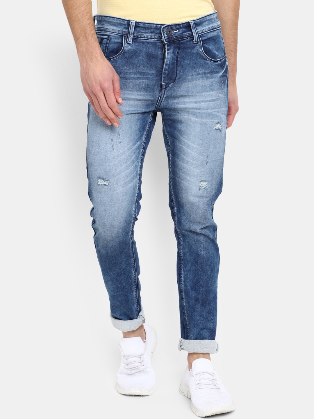 

V-Mart Men Mid-Rise Stretchable Mildly Distress Heavy Fade Cotton Jeans, Blue