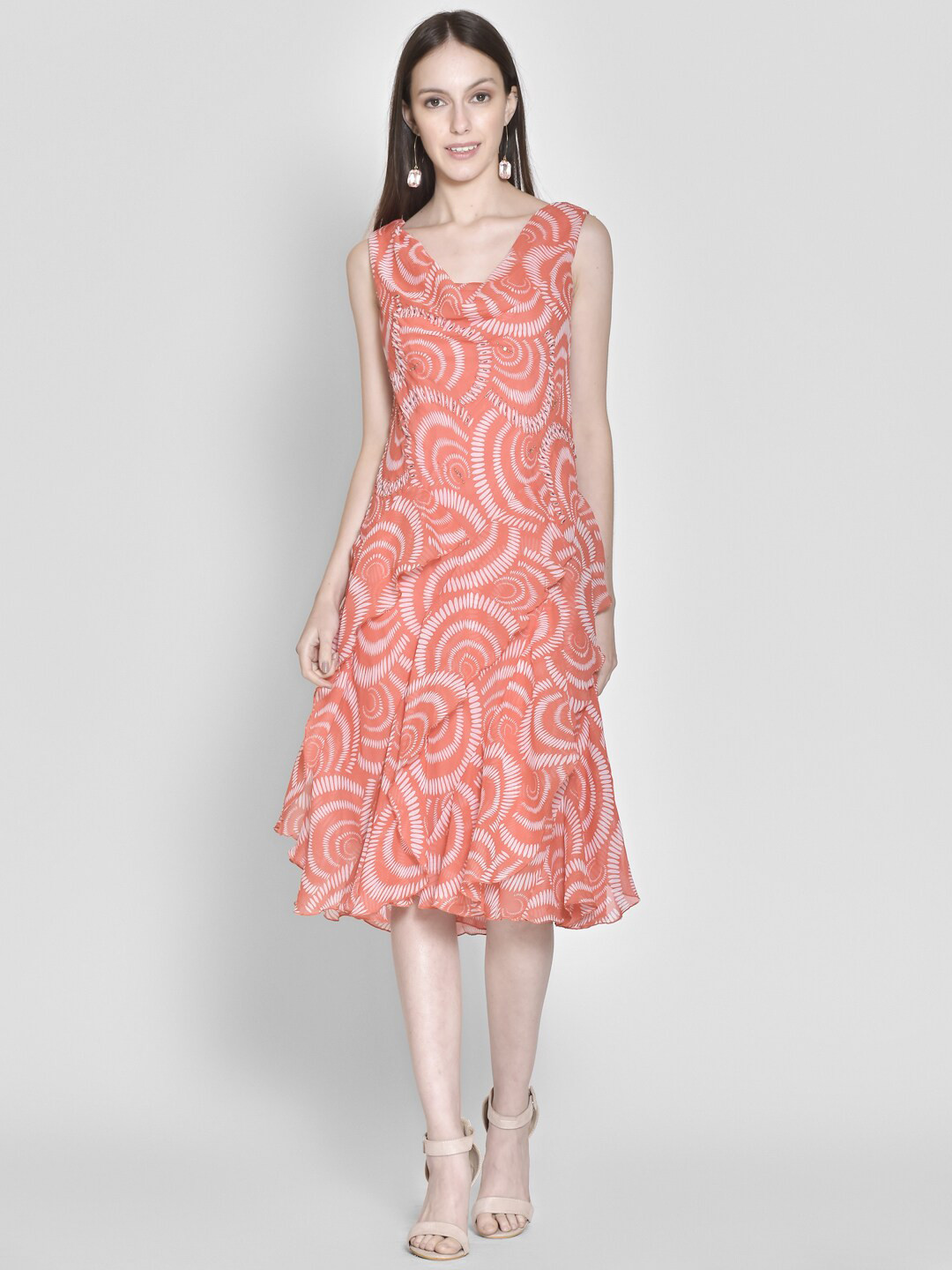 

250 DESIGNS Embellished Abstract Cowl Neck Layered Midi Dress, Orange