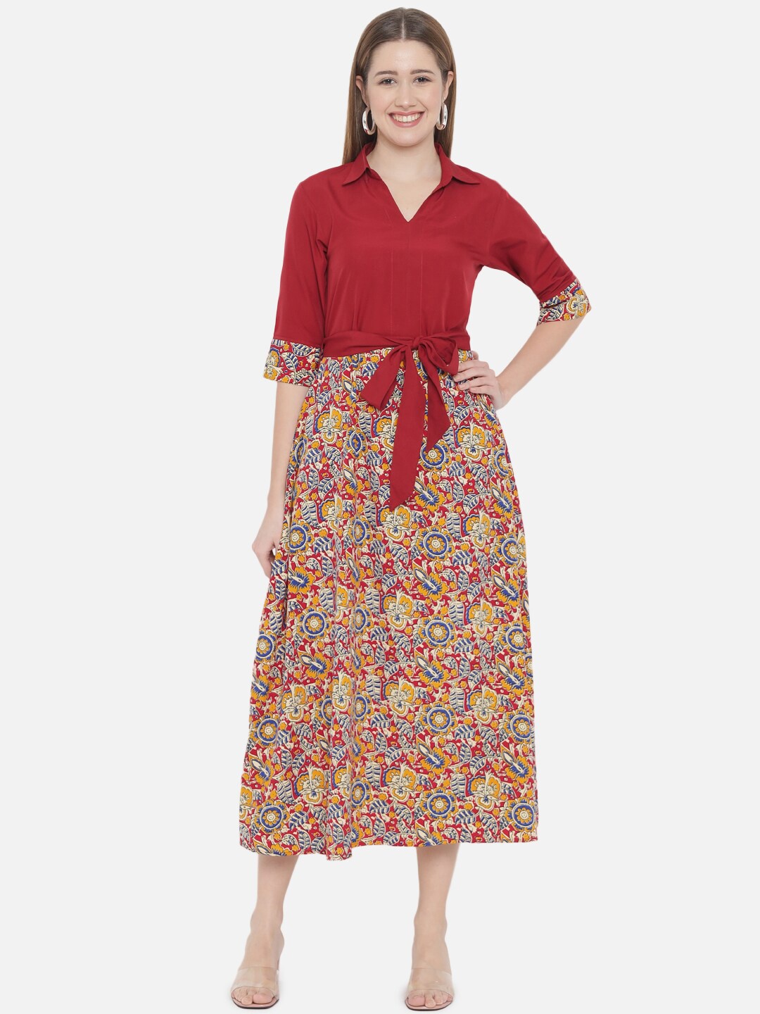 

Indietoga Floral Printed Shirt Collar Fit & Flare Midi Dress, Maroon