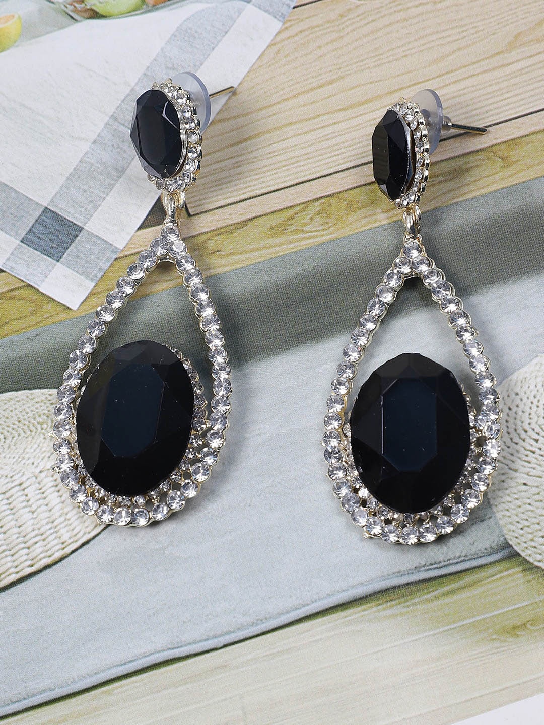 

STEORRA JEWELS Gold-Plated Stone Studded Drop Earrings, Black