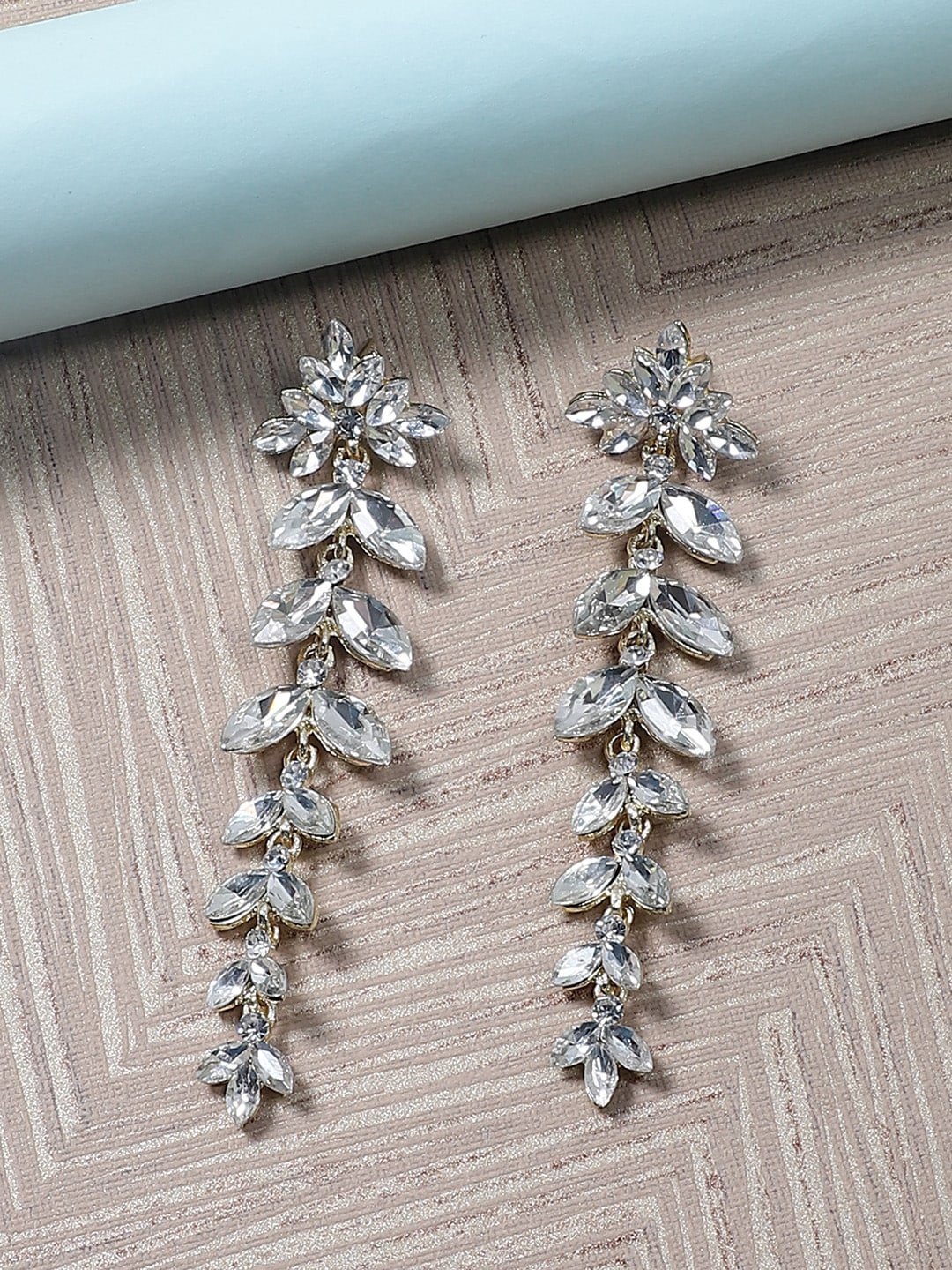 

STEORRA JEWELS Gold-Plated Stone-Studded Contemporary Drop Earrings, White