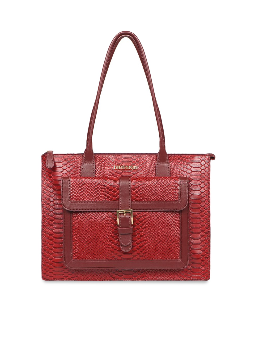 

Hidesign Women Textured Leather Shoulder Bag With Buckle, Red