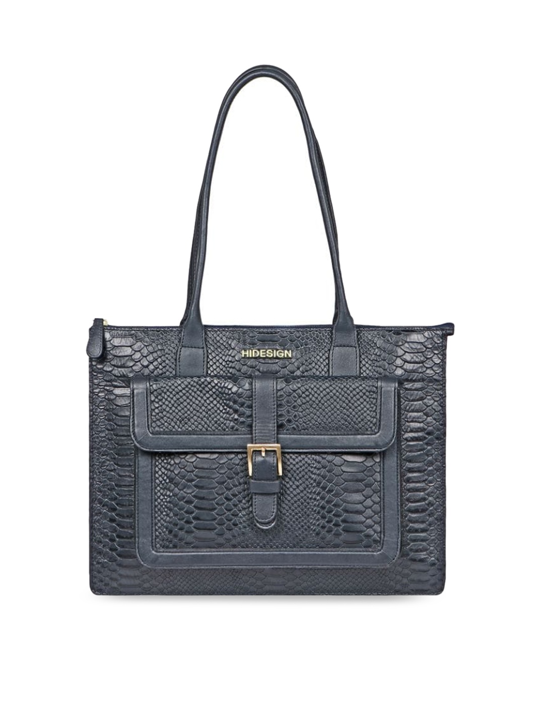 

Hidesign Women Textured Leather Shoulder Bag With Buckle Detail, Blue