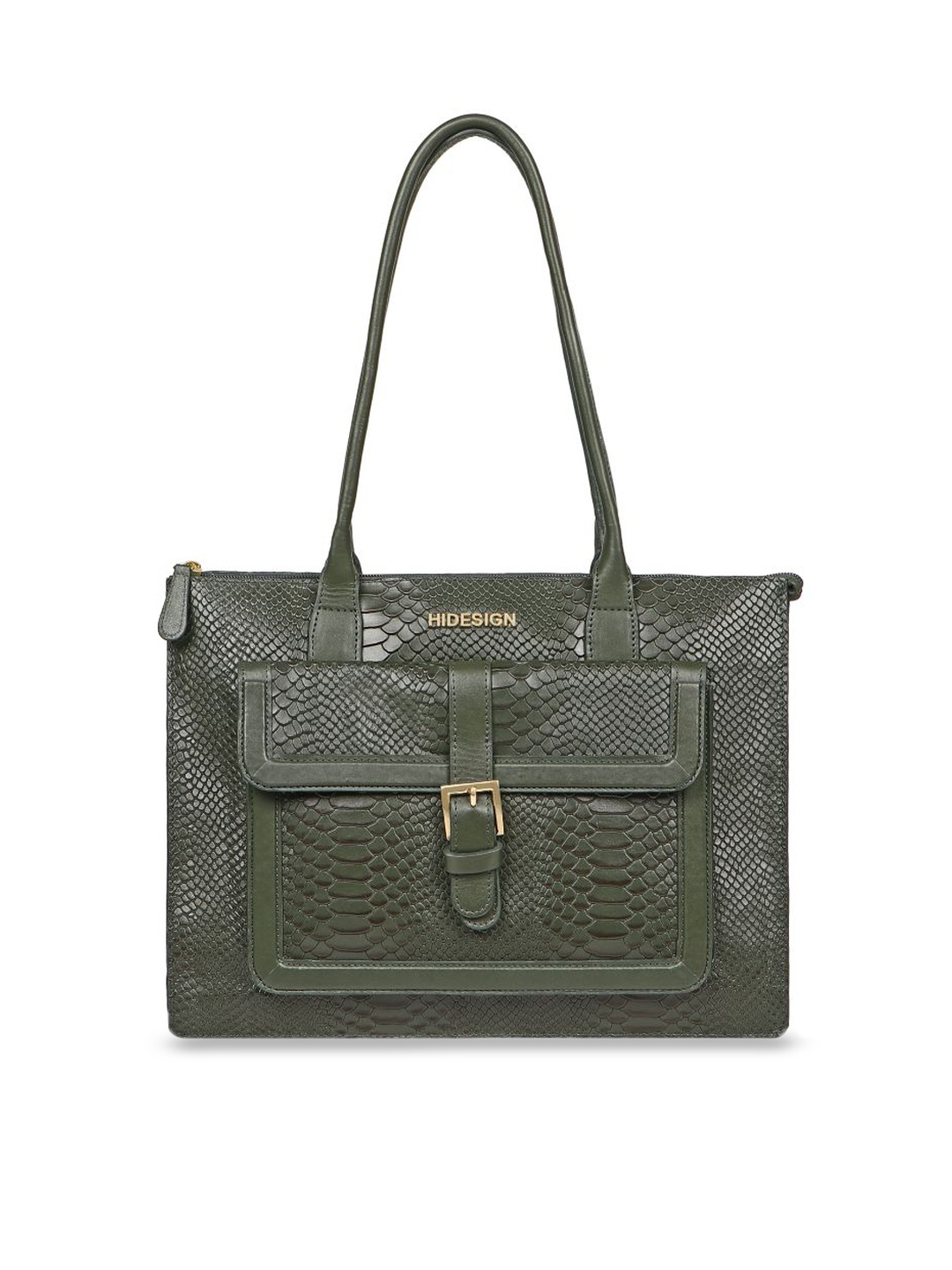 

Hidesign Women Textured Leather Shoulder Bag With Buckle Detail, Green