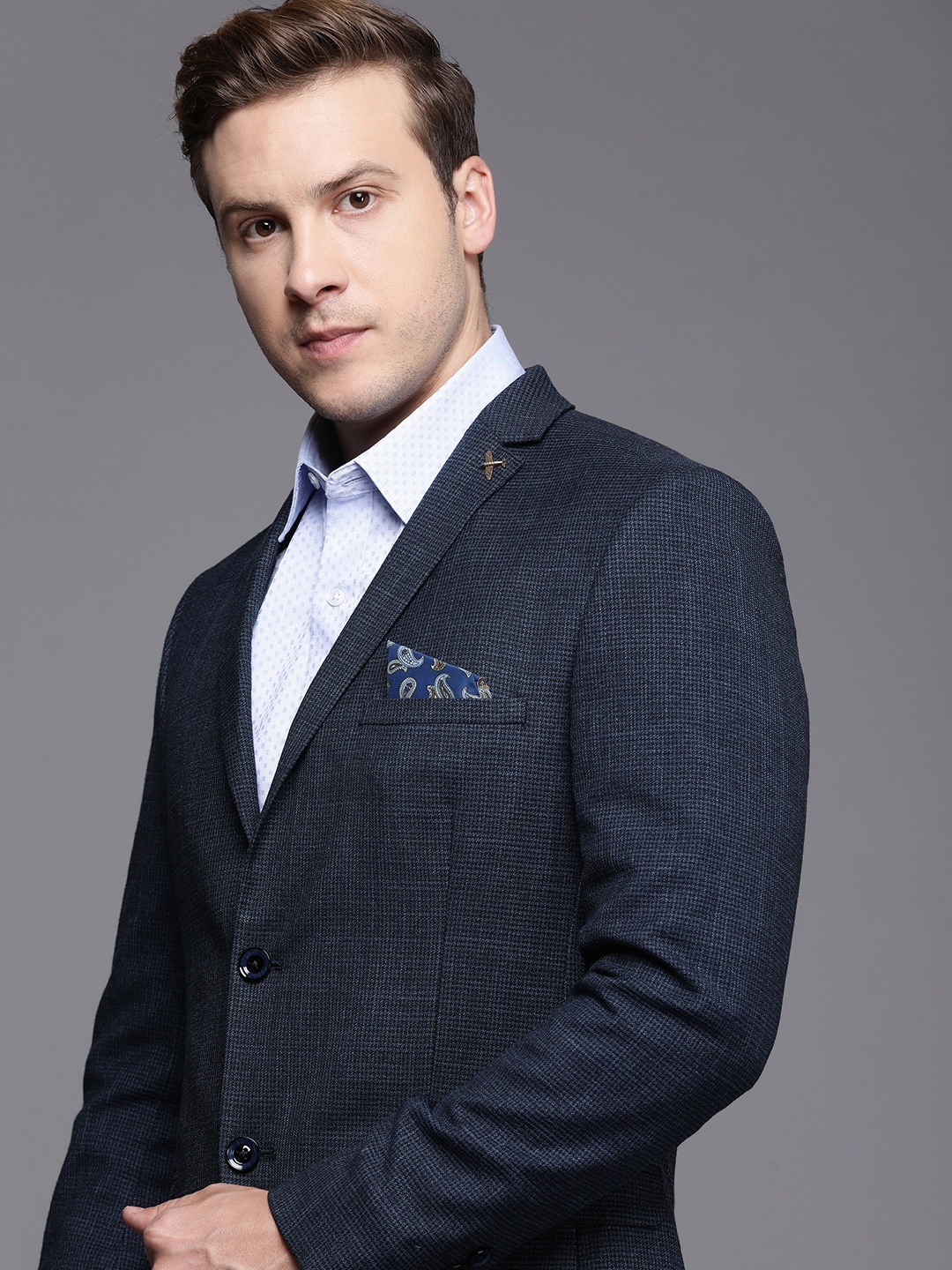 

Theme Self Design Single-Breasted Slim Fit Formal Blazer, Navy blue