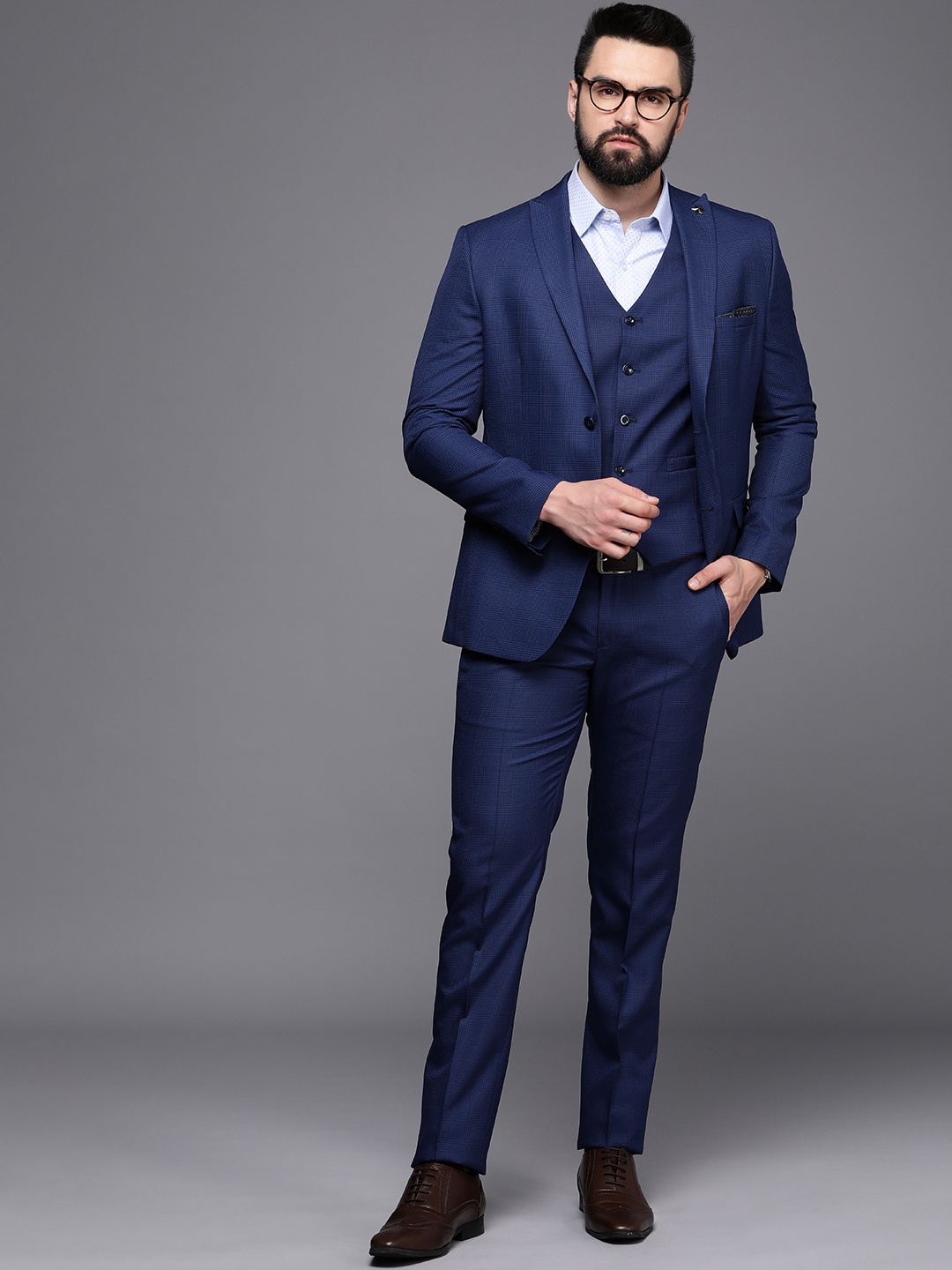 

Theme Checked Single-Breasted Slim Fit 3-Piece Party Suit, Blue