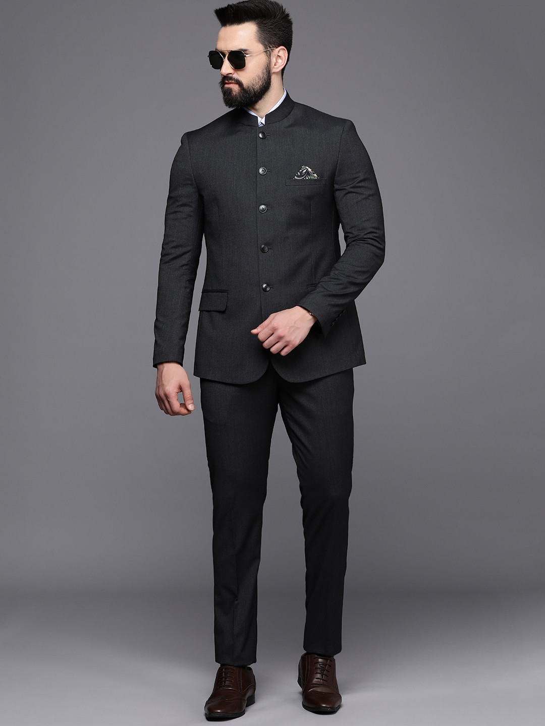 

Theme Solid Slim Fit 2-Piece Bandhgala Party Suit, Black