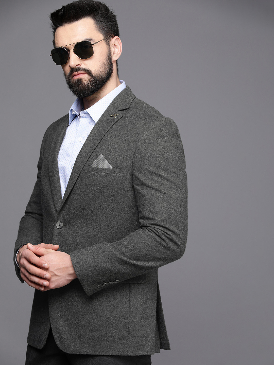 

Theme Solid Single-Breasted Regular Fit Formal Blazer, Grey