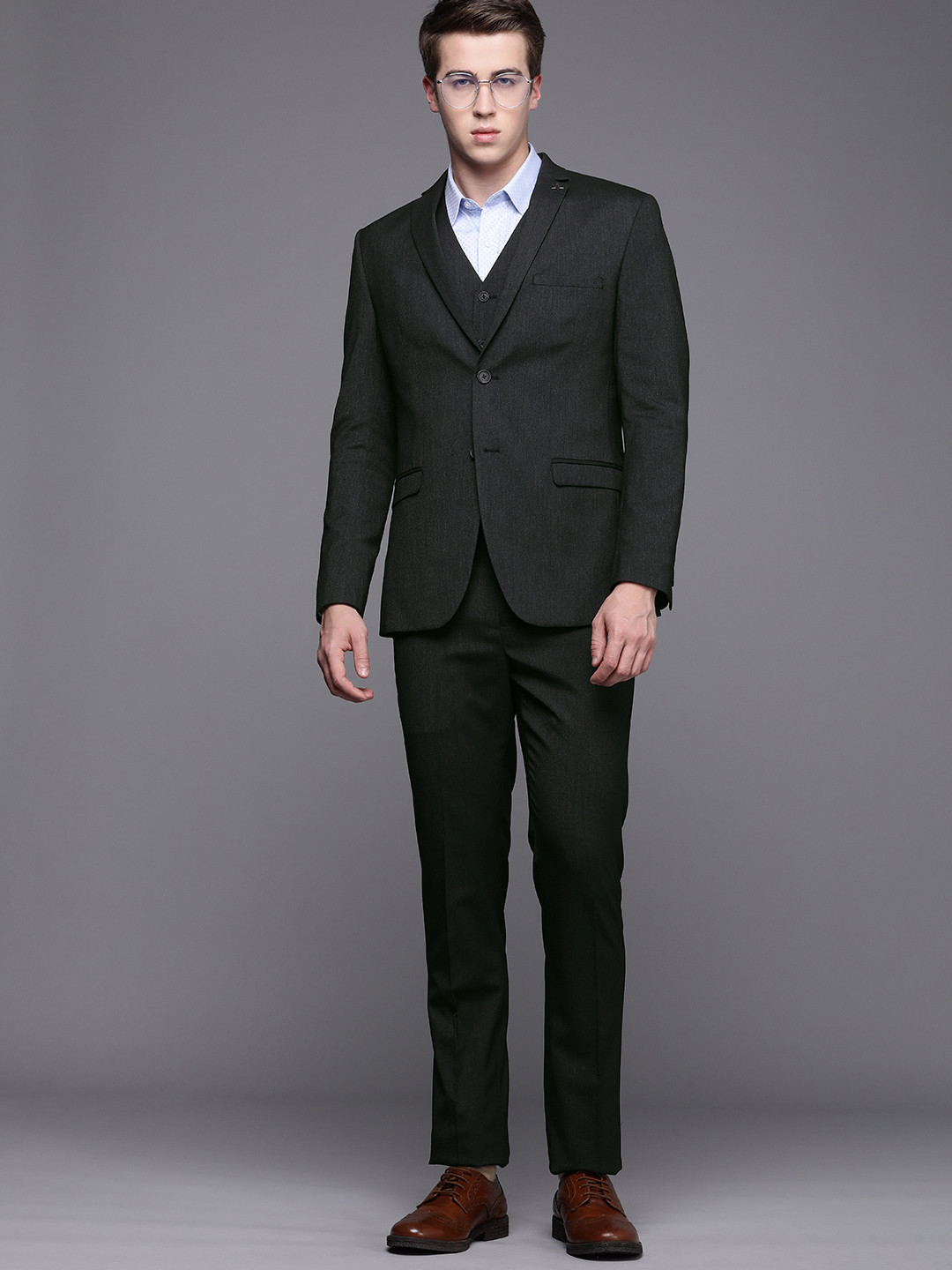 

Theme Solid Slim Fit 3-Piece Single-Breasted Formal Suit, Grey