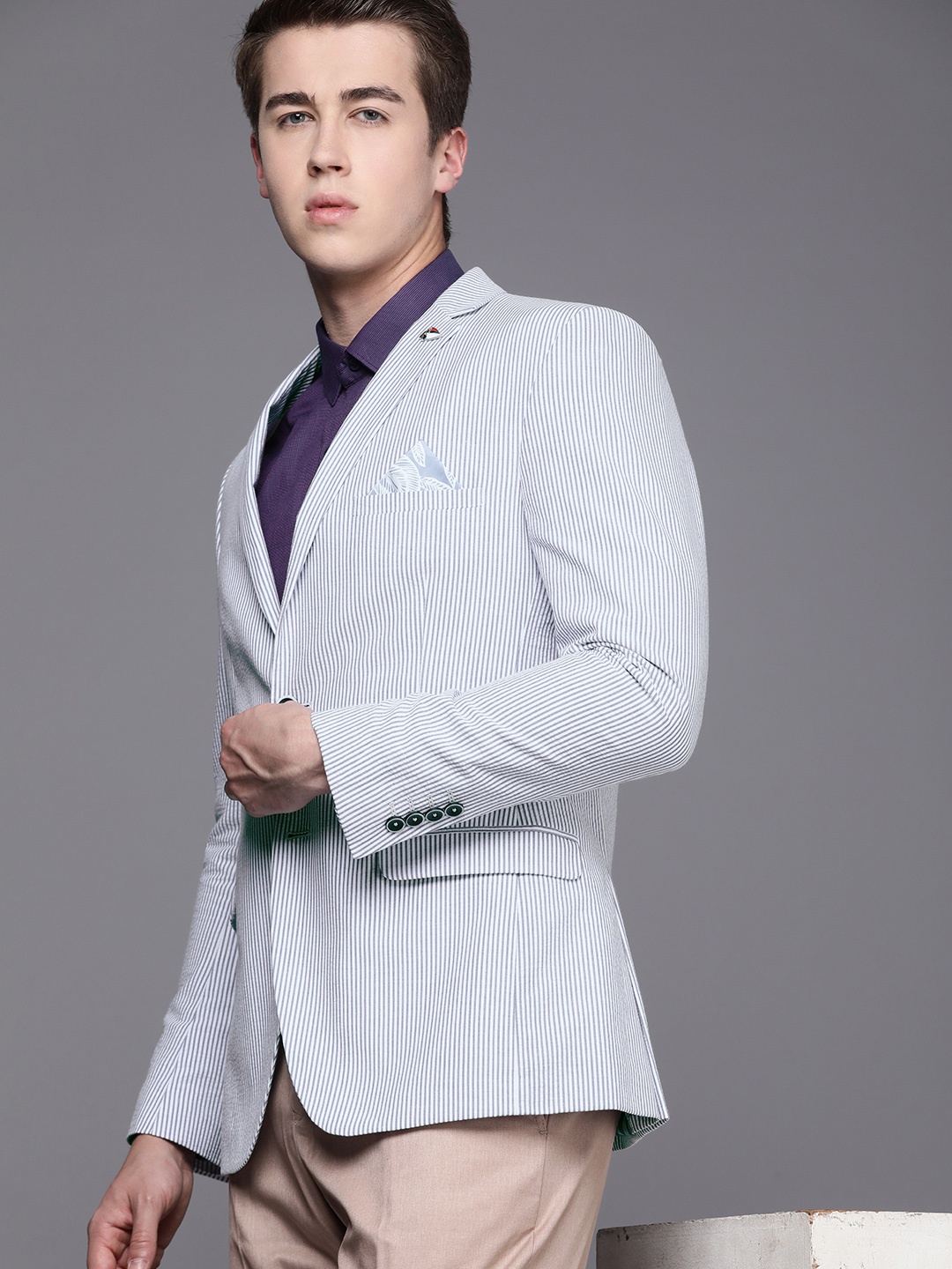 

Theme Striped Single-Breasted Slim Fit Formal Blazer, Blue