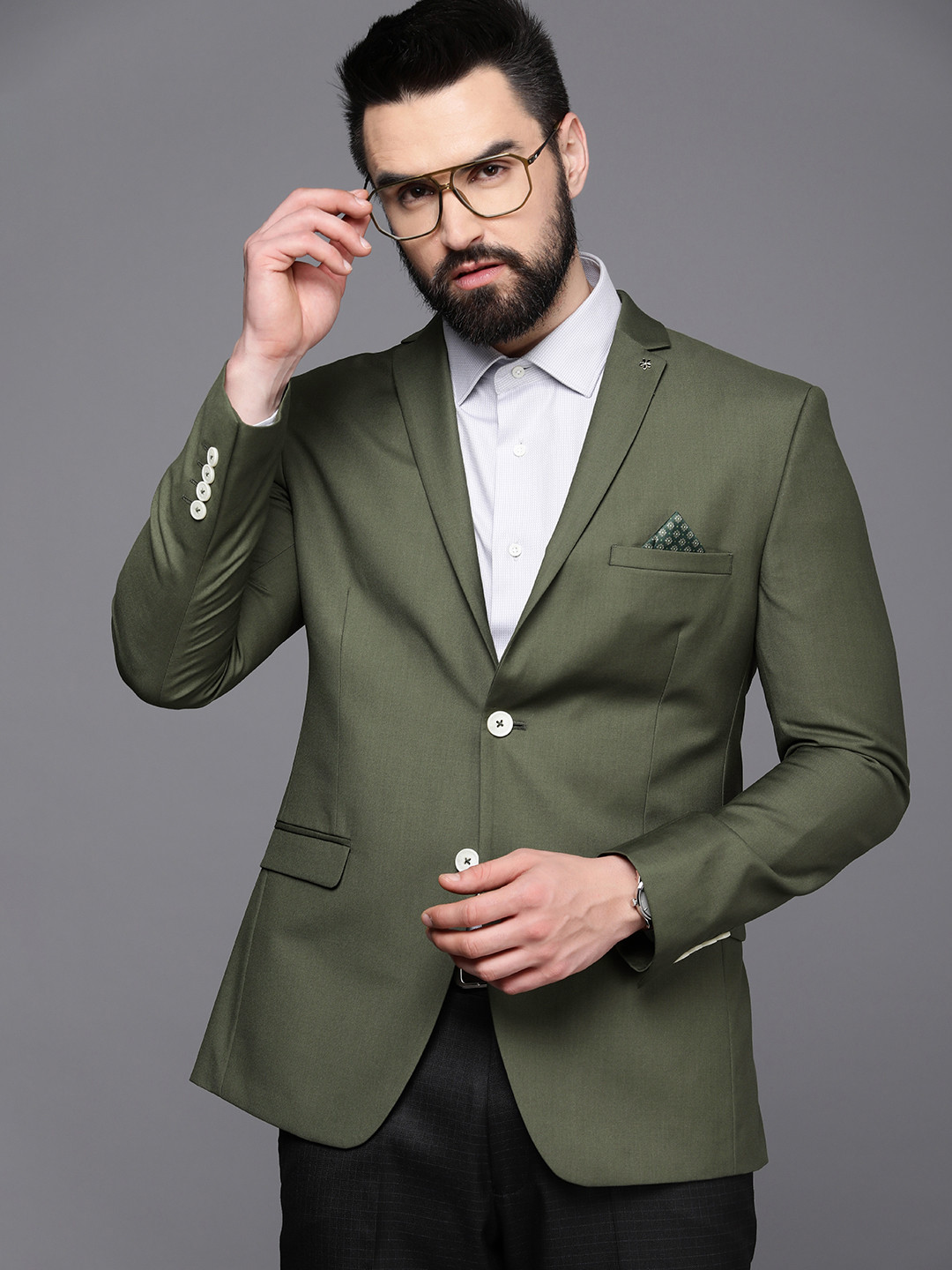 

Theme Solid Single-Breasted Slim Fit Formal Blazer, Green