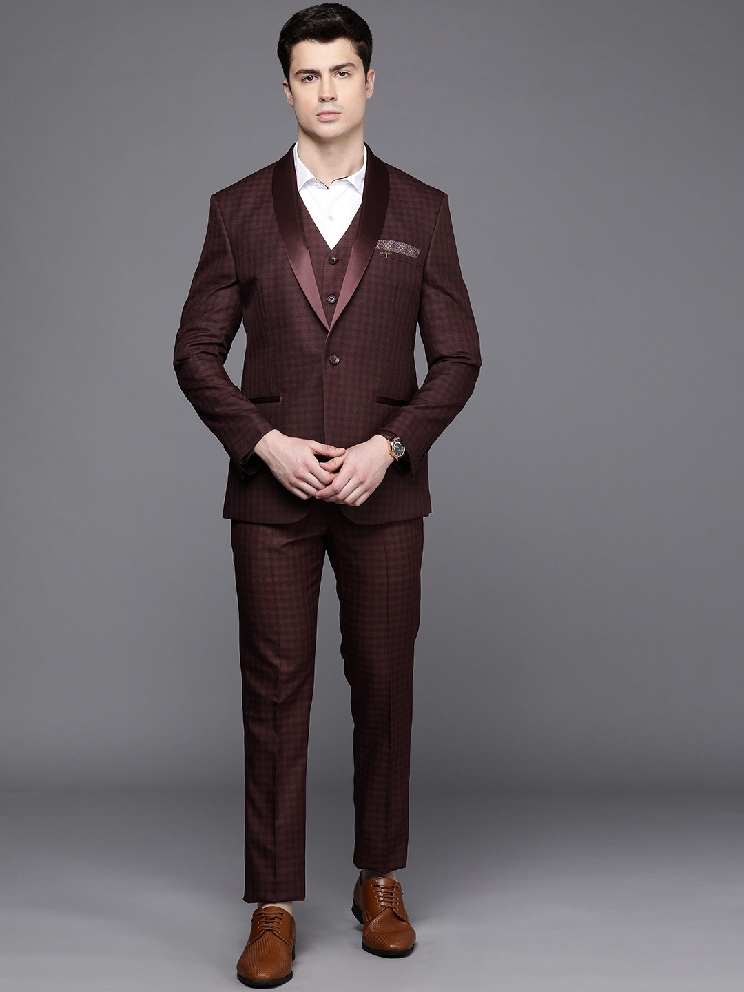 

Theme Checked Slim Fit 3 Piece Suit, Maroon