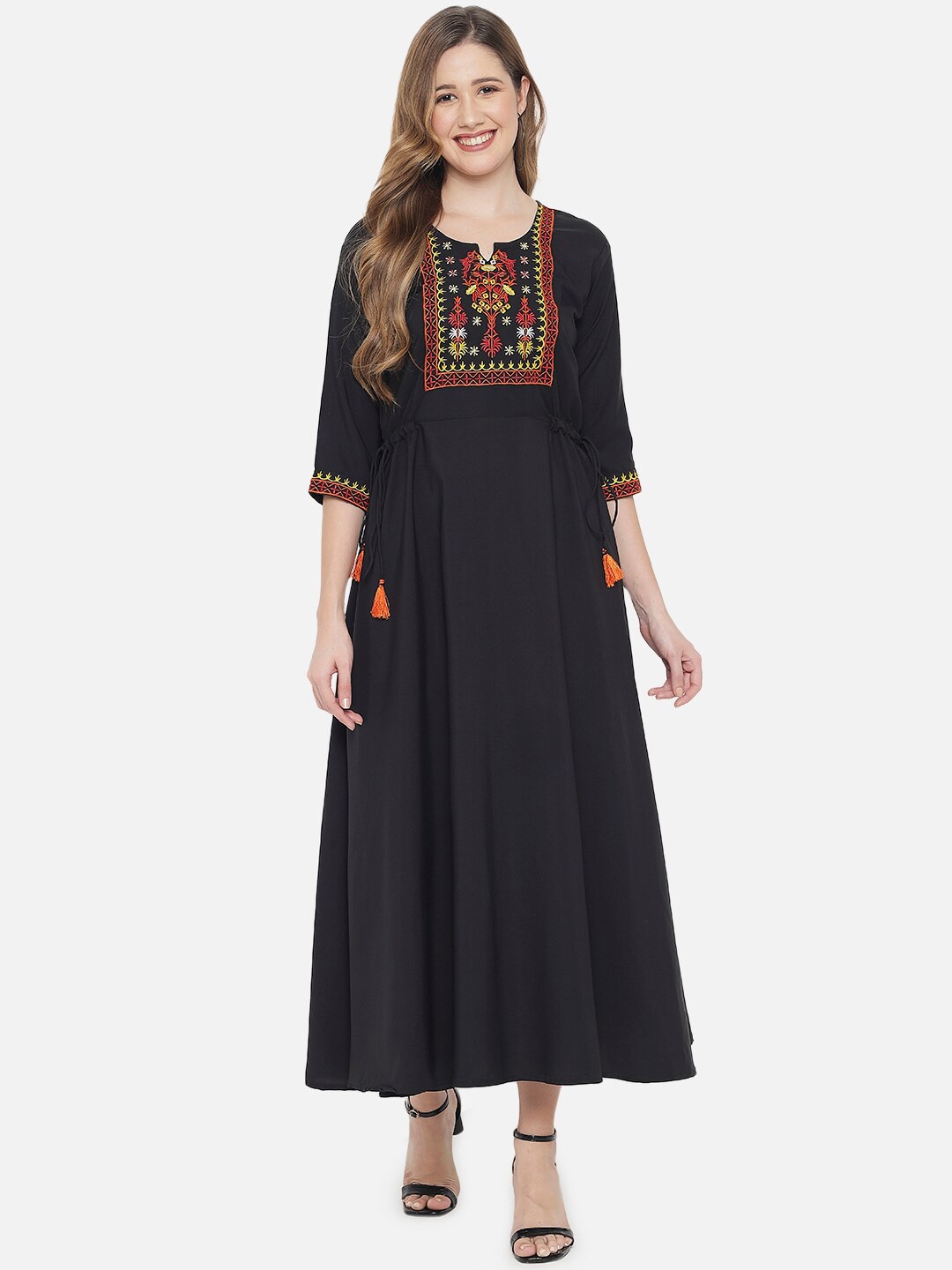 

Indietoga Floral Embroidered A-Line Ethnic Dress, Black