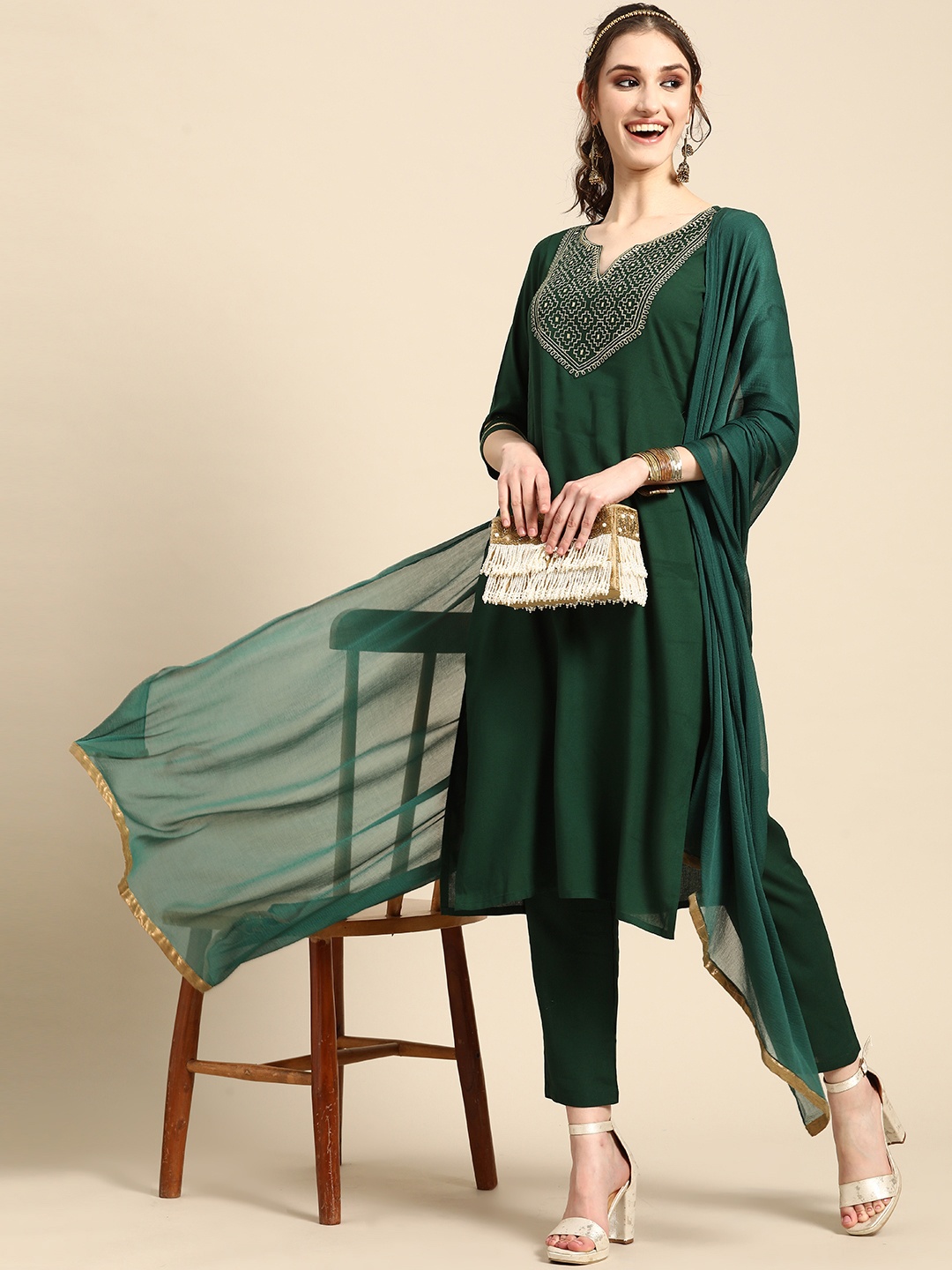 

Sangria Yoke Design Regular Kurta with Trousers & With Dupatta, Green