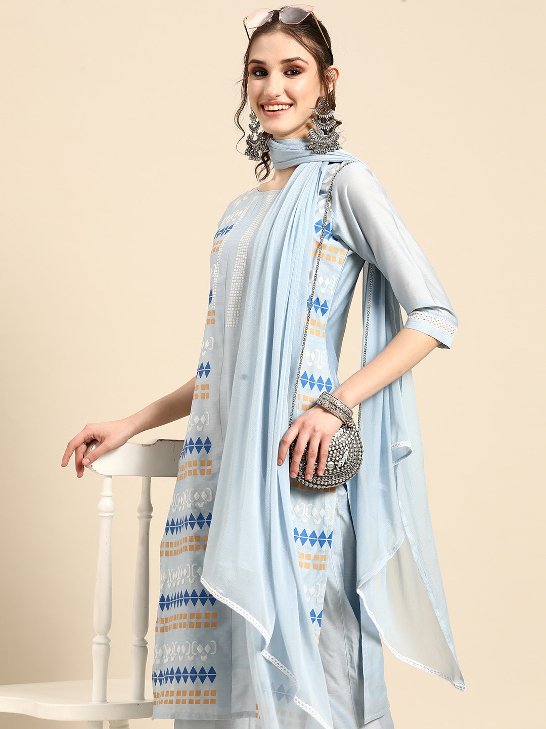 

Sangria Printed Regular Chanderi Cotton Kurta with Palazzos & With Dupatta, Turquoise blue