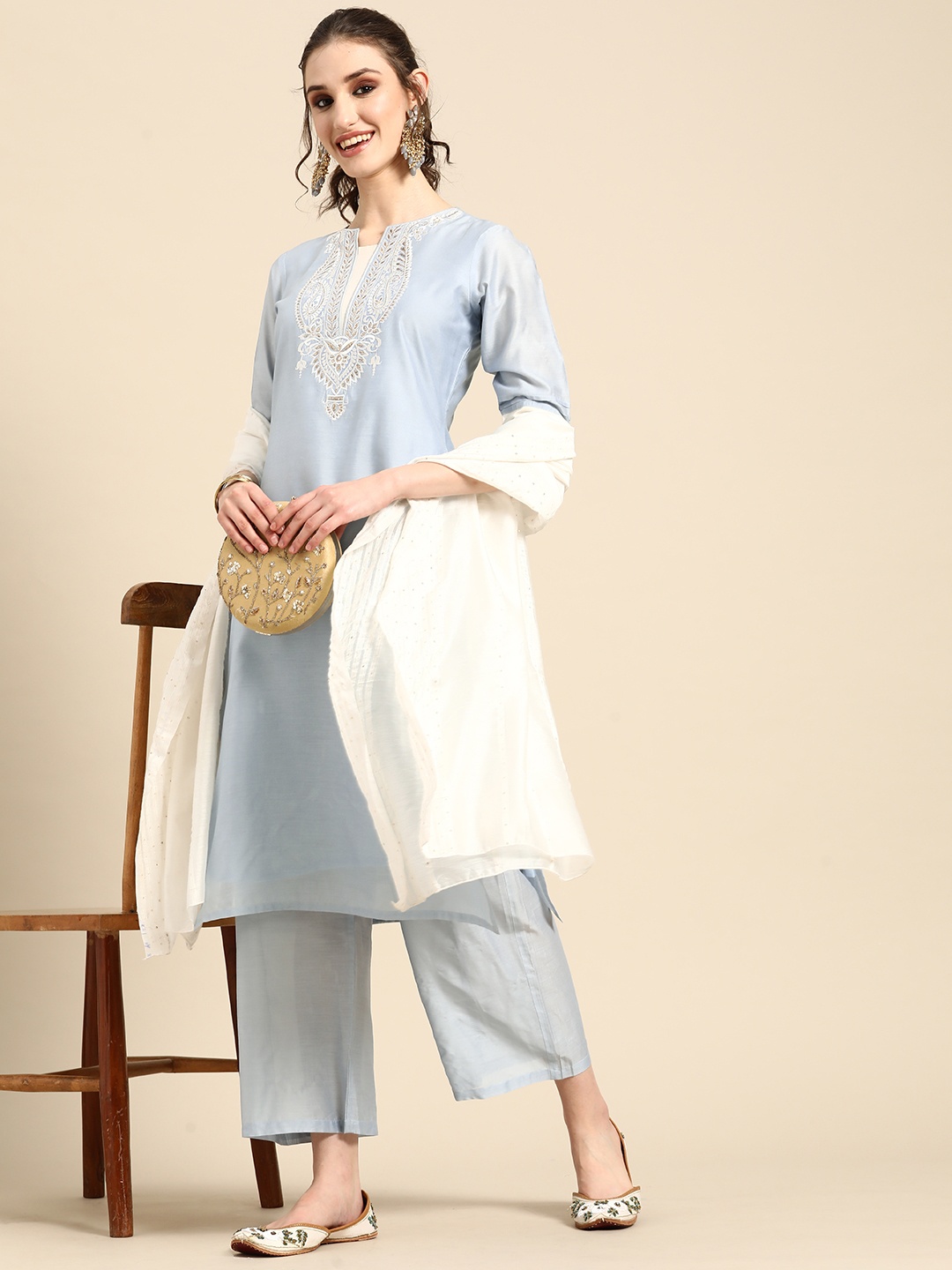 

Sangria Ethnic Motifs Embroidered Regular Chanderi Cotton Kurta with Palazzos & Dupatta, Turquoise blue