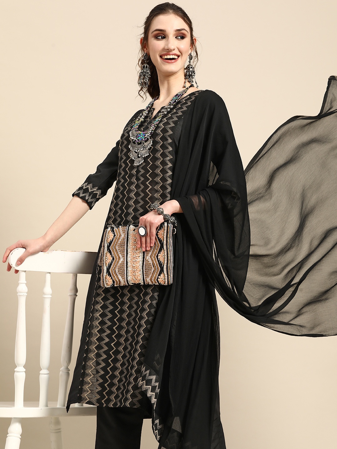 

Sangria Printed Regular Kurta with Palazzos & With Dupatta, Black