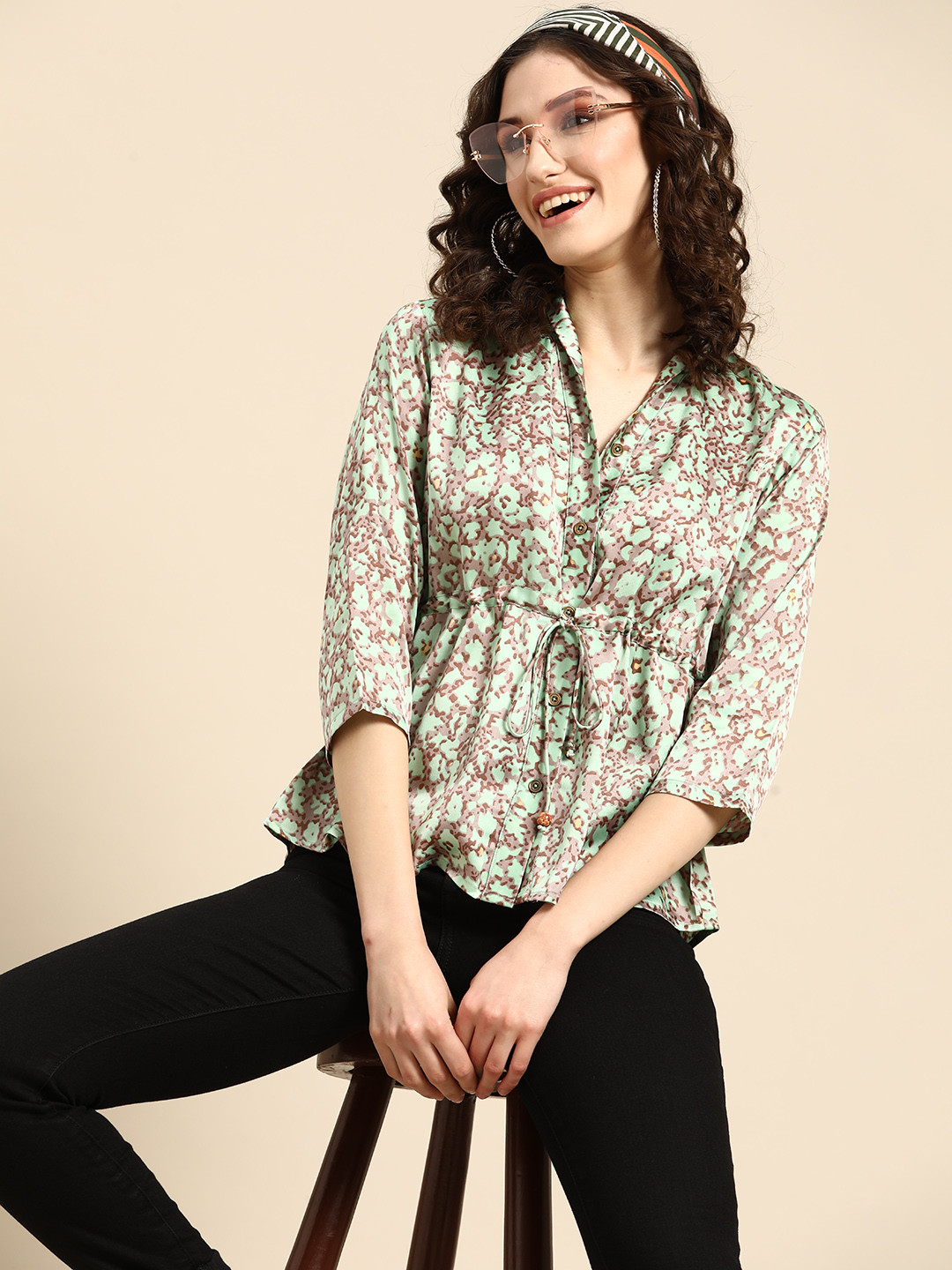 

Sangria Floral Print Satin Peplum Top, Sea green