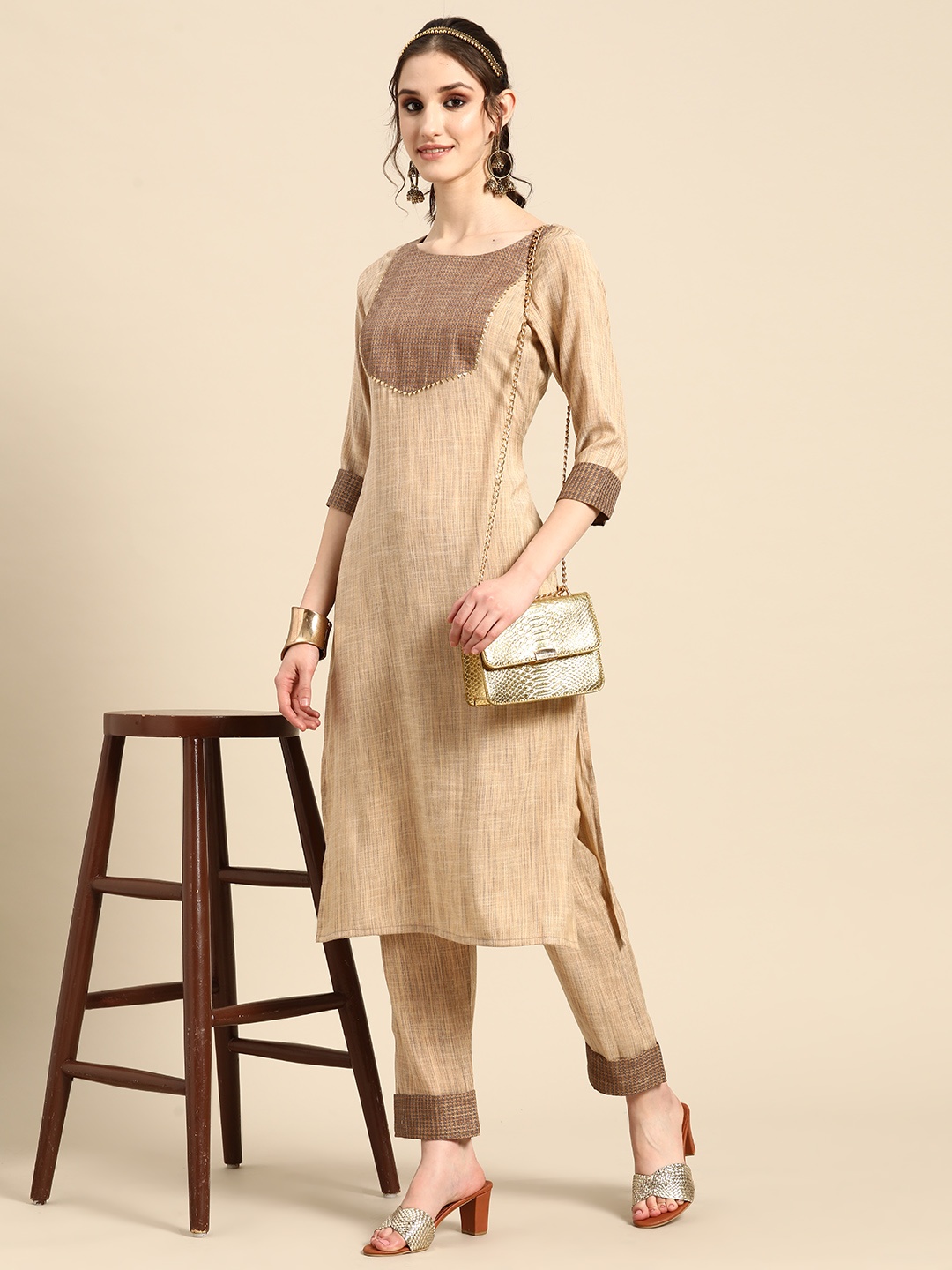 

Sangria Yoke Design Regular Gotta Patti Kurta with Trousers, Camel brown