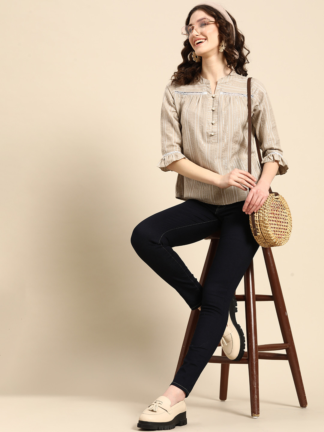 

Sangria Striped Mandarin Collar Cotton Top, Beige