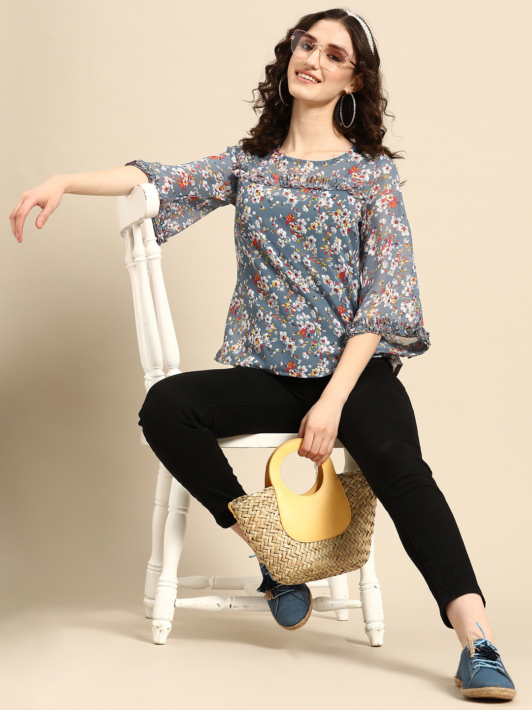 

Sangria Floral Print Ruffles Georgette Top, Grey