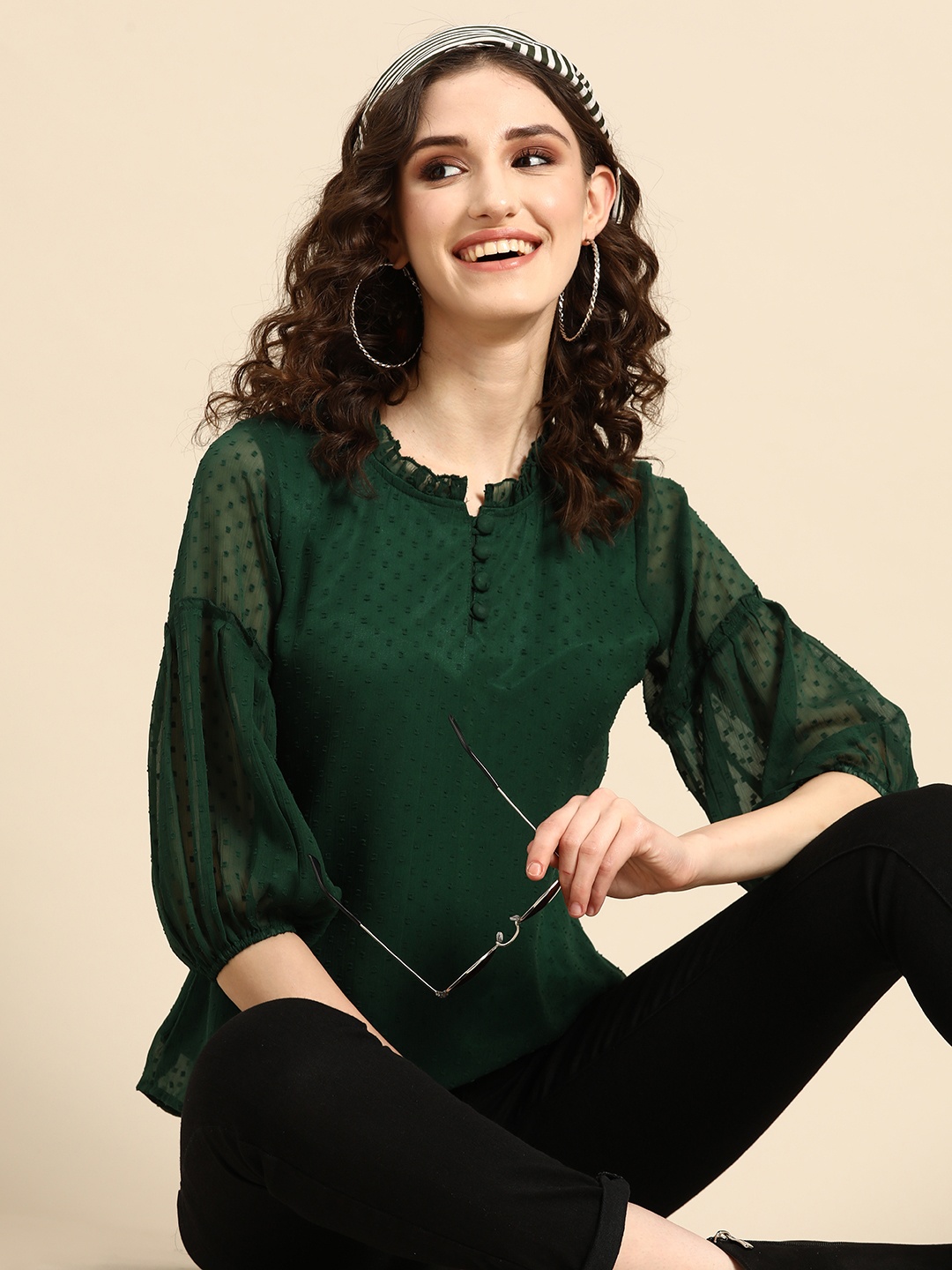 

Sangria Mandarin Collar Bishop Sleeves Georgette Top, Green