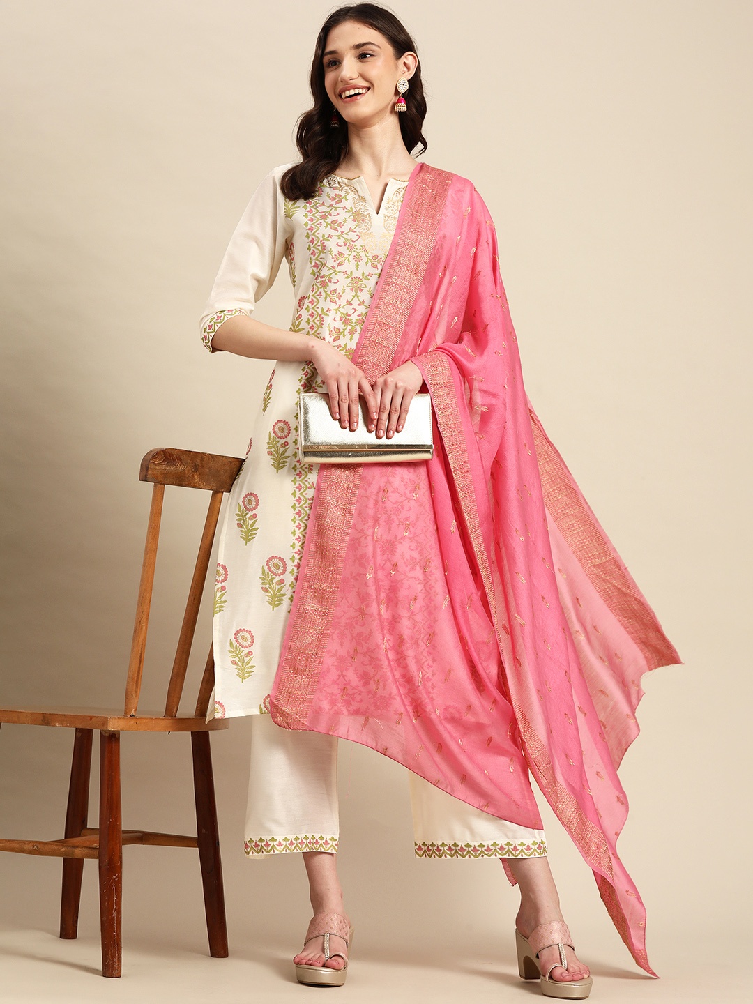 

Sangria Women Floral Printed Regular Gotta Patti Kurta with Palazzos & With Dupatta, Off white