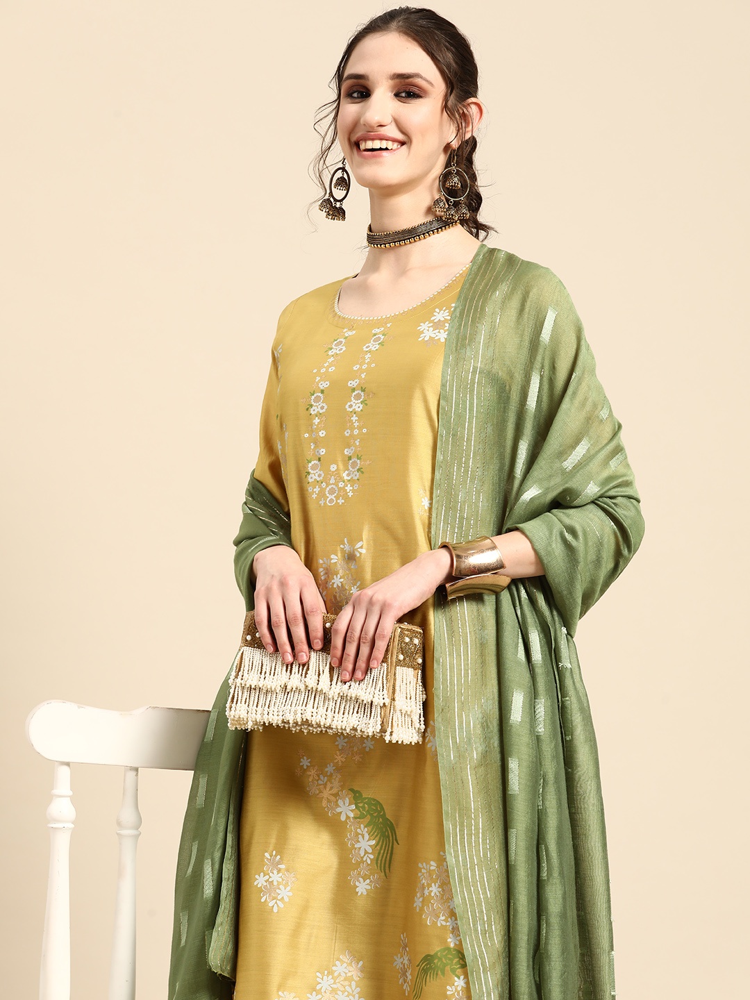 

Sangria Women Ethnic Motifs Printed Regular Kurta with Palazzos & With Dupatta, Lime green