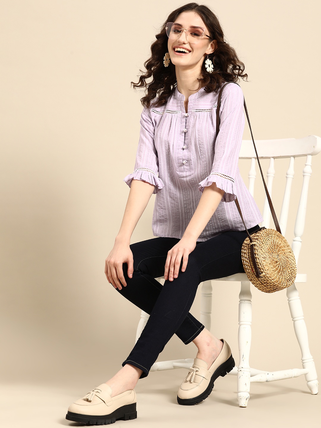 

Sangria Striped Mandarin Collar Top, Lavender