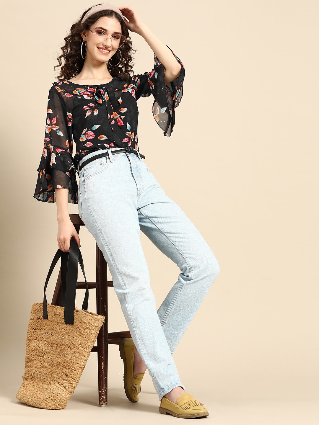 

Sangria Floral Print Tie-Up Neck Georgette Top, Black