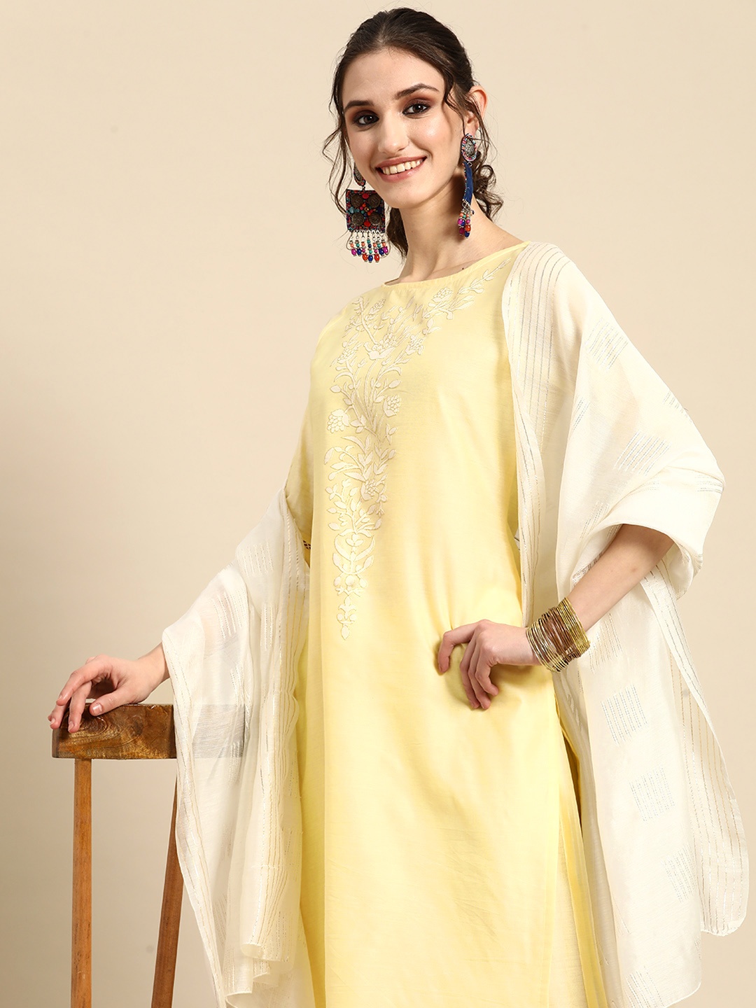 

Sangria Women Yellow Floral Printed Regular Chanderi Cotton Kurta with Palazzos & With Dupatta