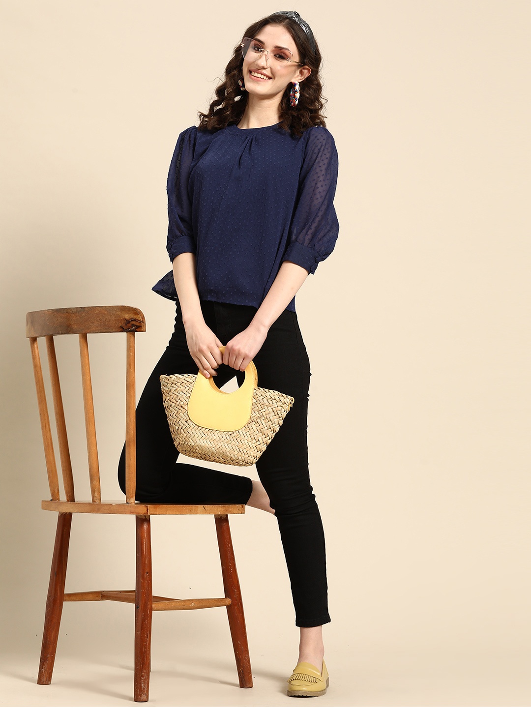 

Sangria Dobby Georgette Top, Navy blue