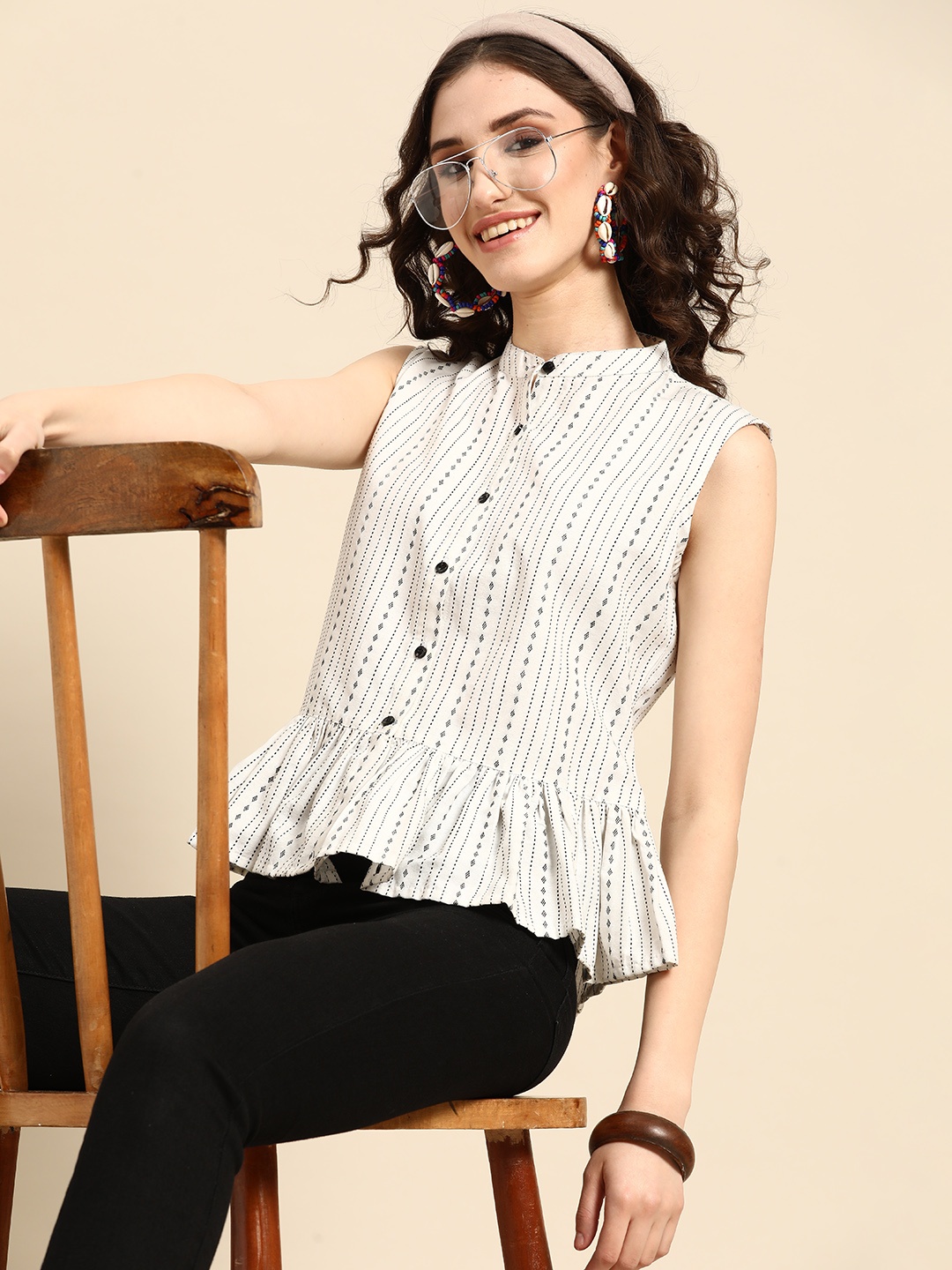 

Sangria Striped Mandarin Collar Fringed Kantha Print Cotton Shirt Style Top, Off white