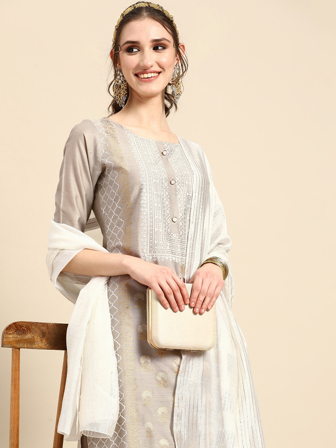 

Sangria Ethnic Motifs Printed Regular Chanderi Cotton Kurta with Palazzos & With Dupatta, Grey