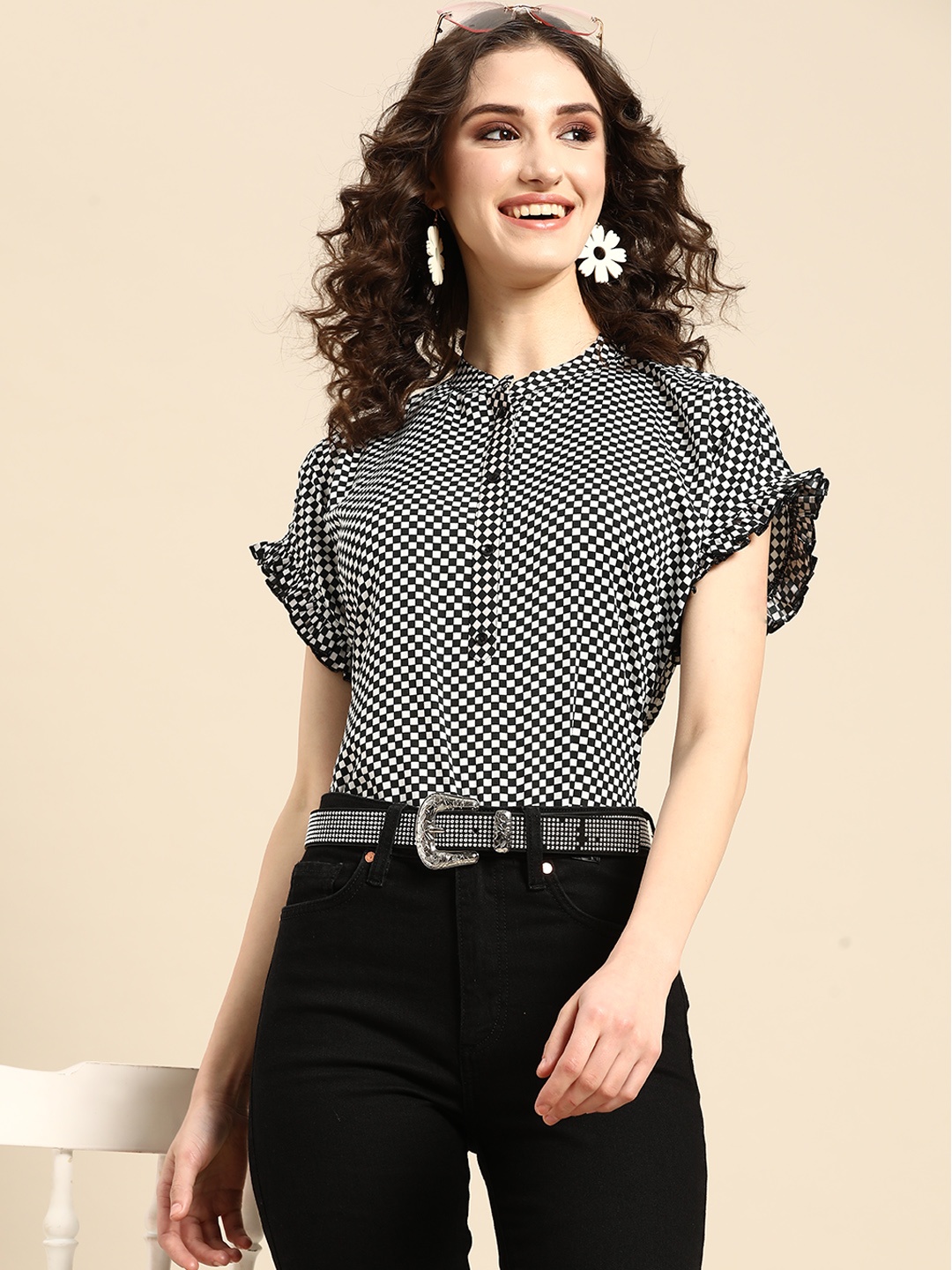 

Sangria Geometric Print Mandarin Collar Crepe Top, Black