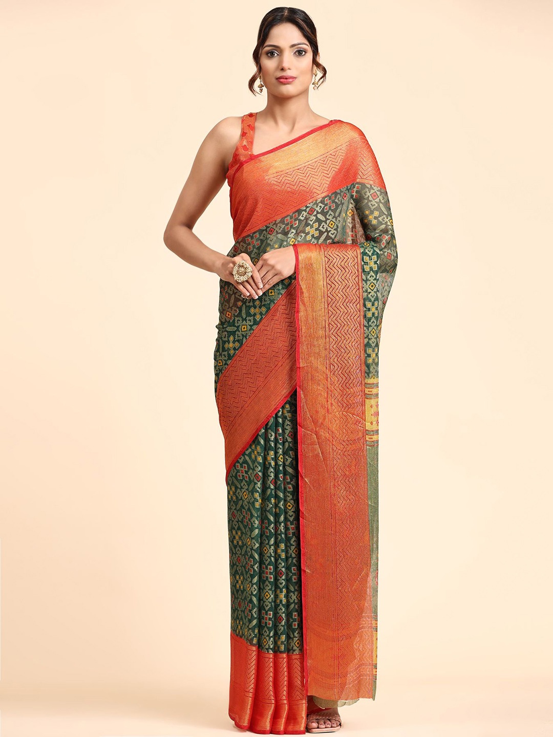 

AVANSHEE Geometric Motif Printed Brasso Saree, Green