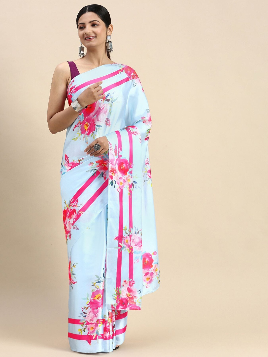 

AVANSHEE Floral Printed Satin Saree, Blue