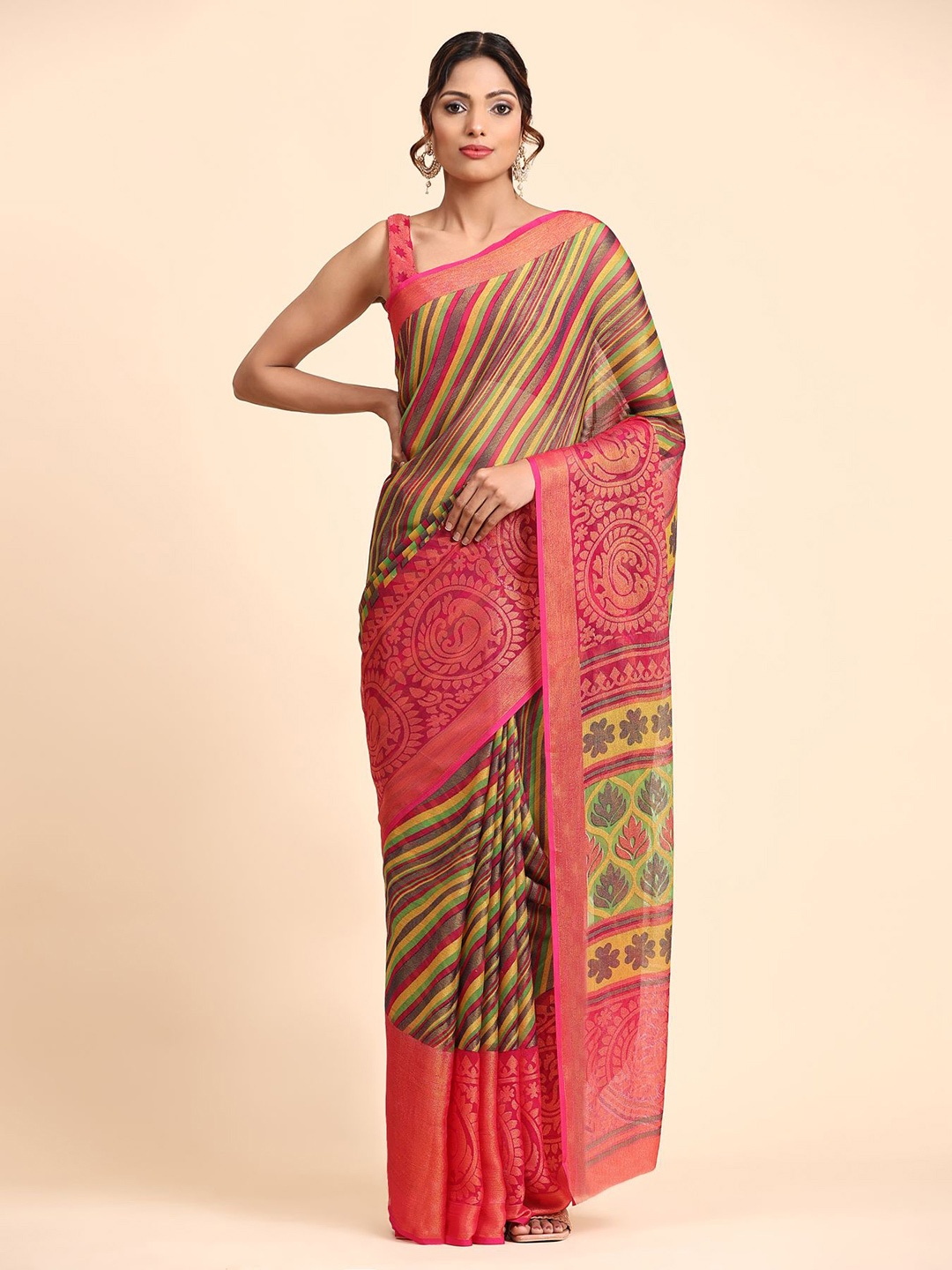 

AVANSHEE Stripped Brasso Saree, Pink