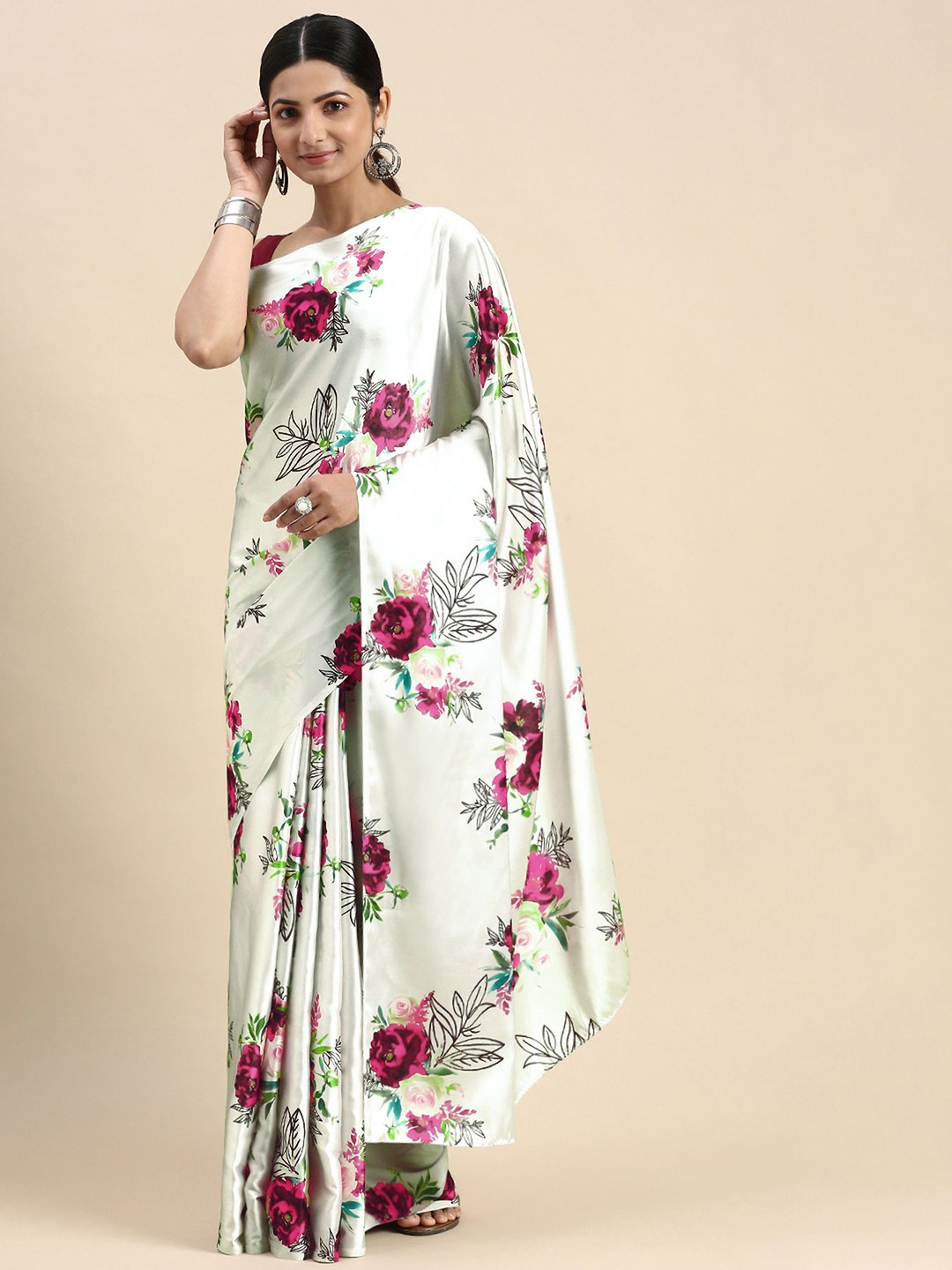 

AVANSHEE Floral Printed Satin Saree, White