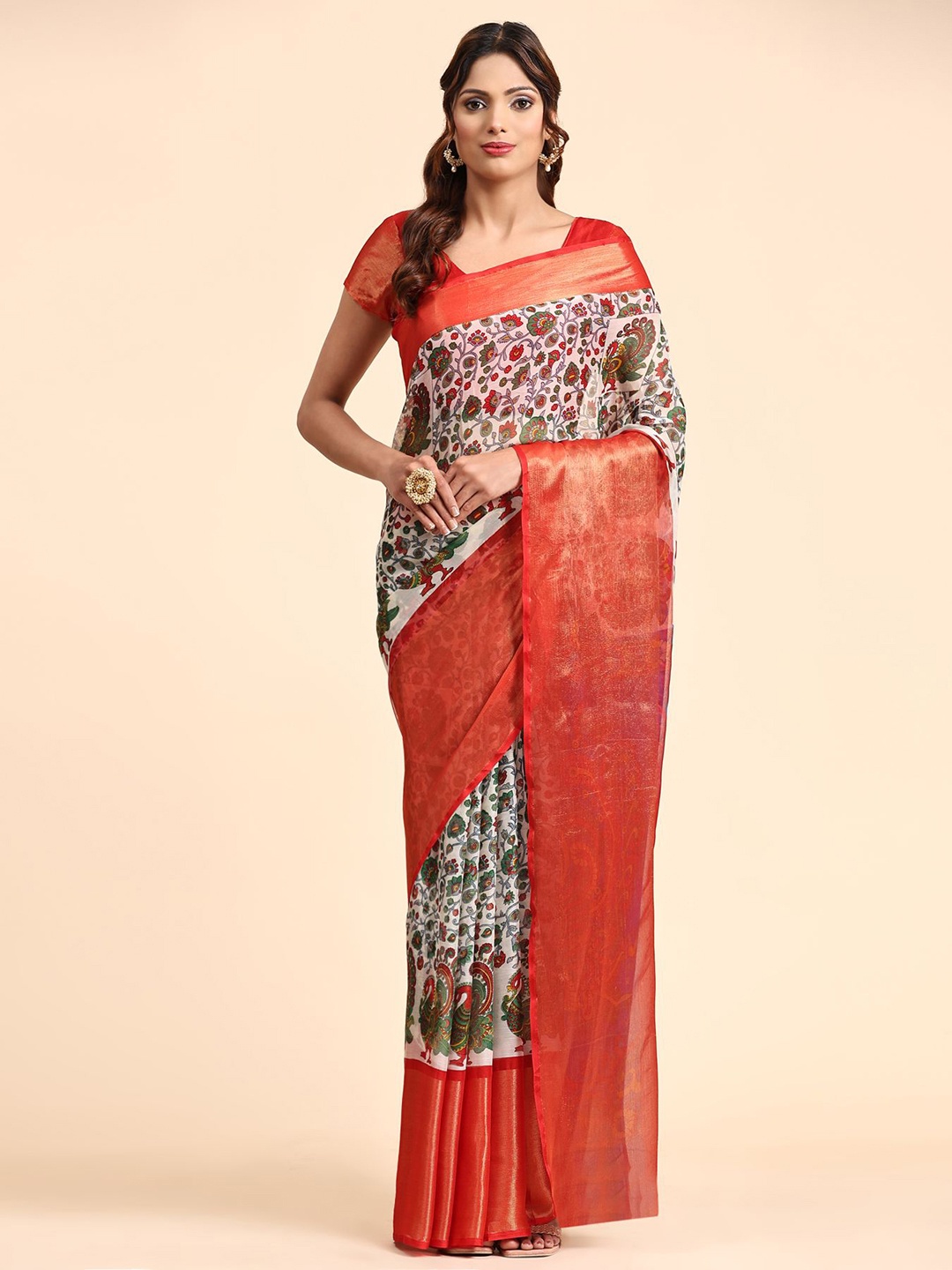 

AVANSHEE Floral Printed Pure Chiffon Saree, White
