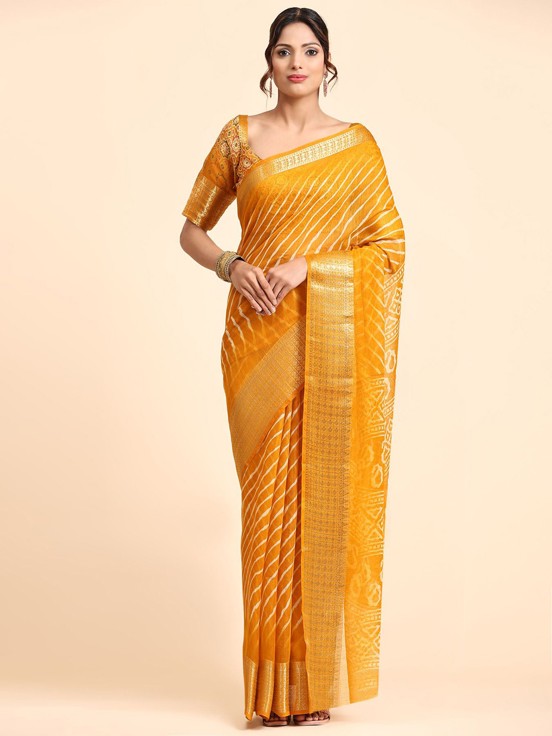 

AVANSHEE Leheriya Printed Pure Cotton Saree, Mustard
