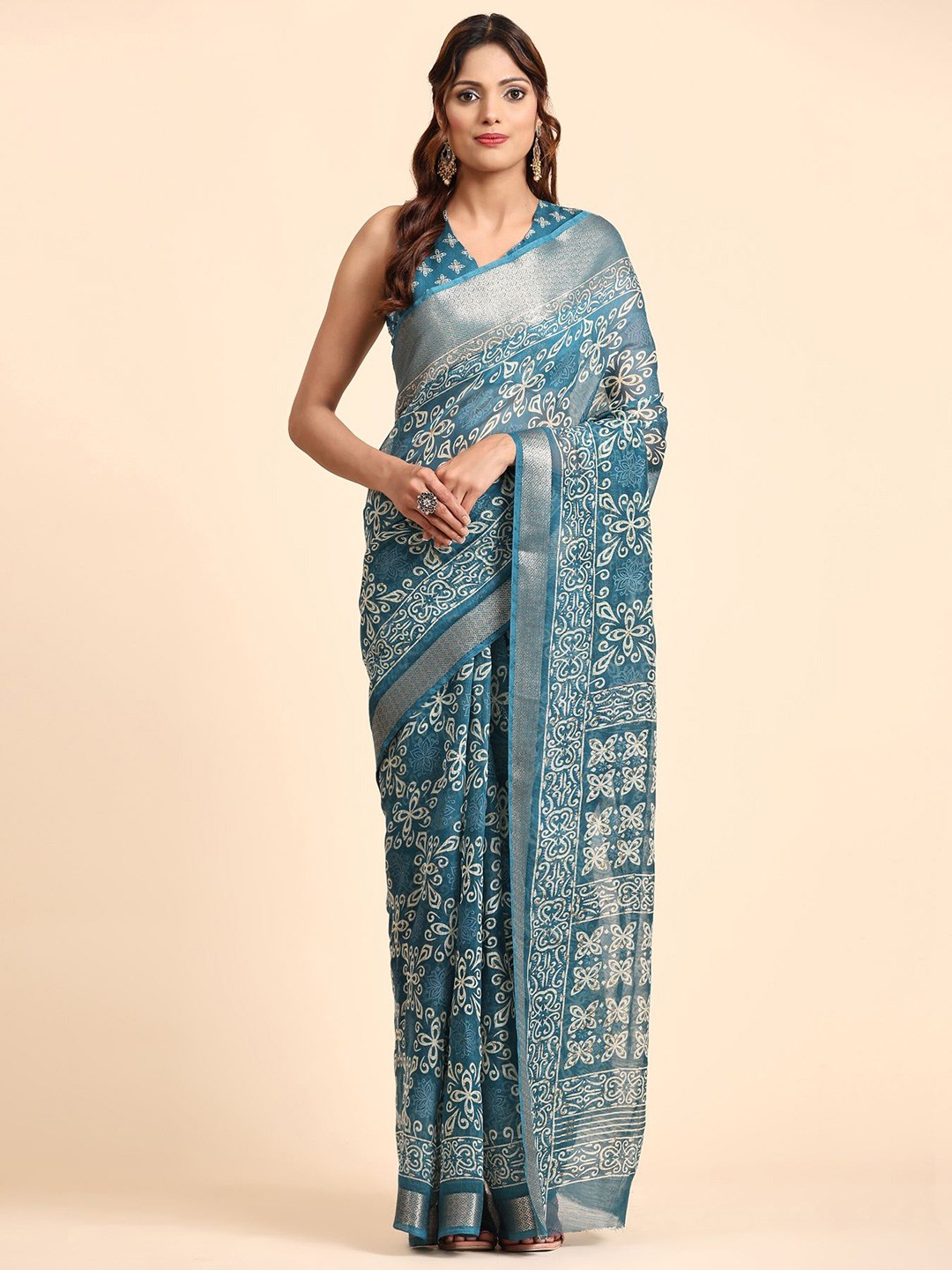 

AVANSHEE Floral Printed Zari Pure Cotton Saree, Blue