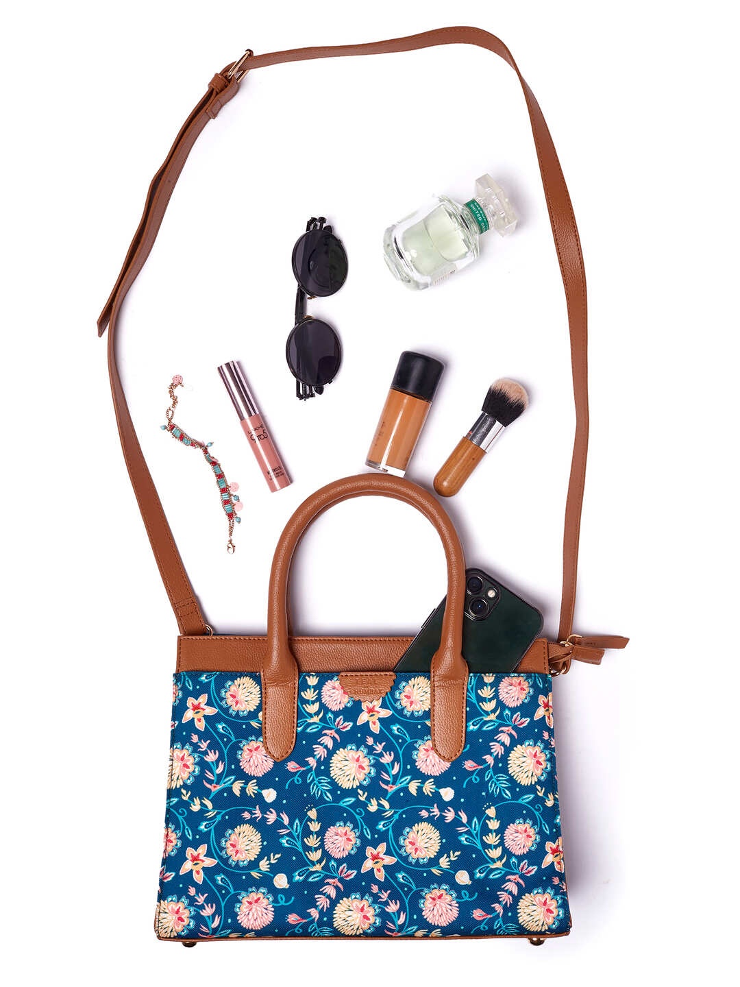 

TEAL BY CHUMBAK Floral Printed Structured Sling Bag, Blue