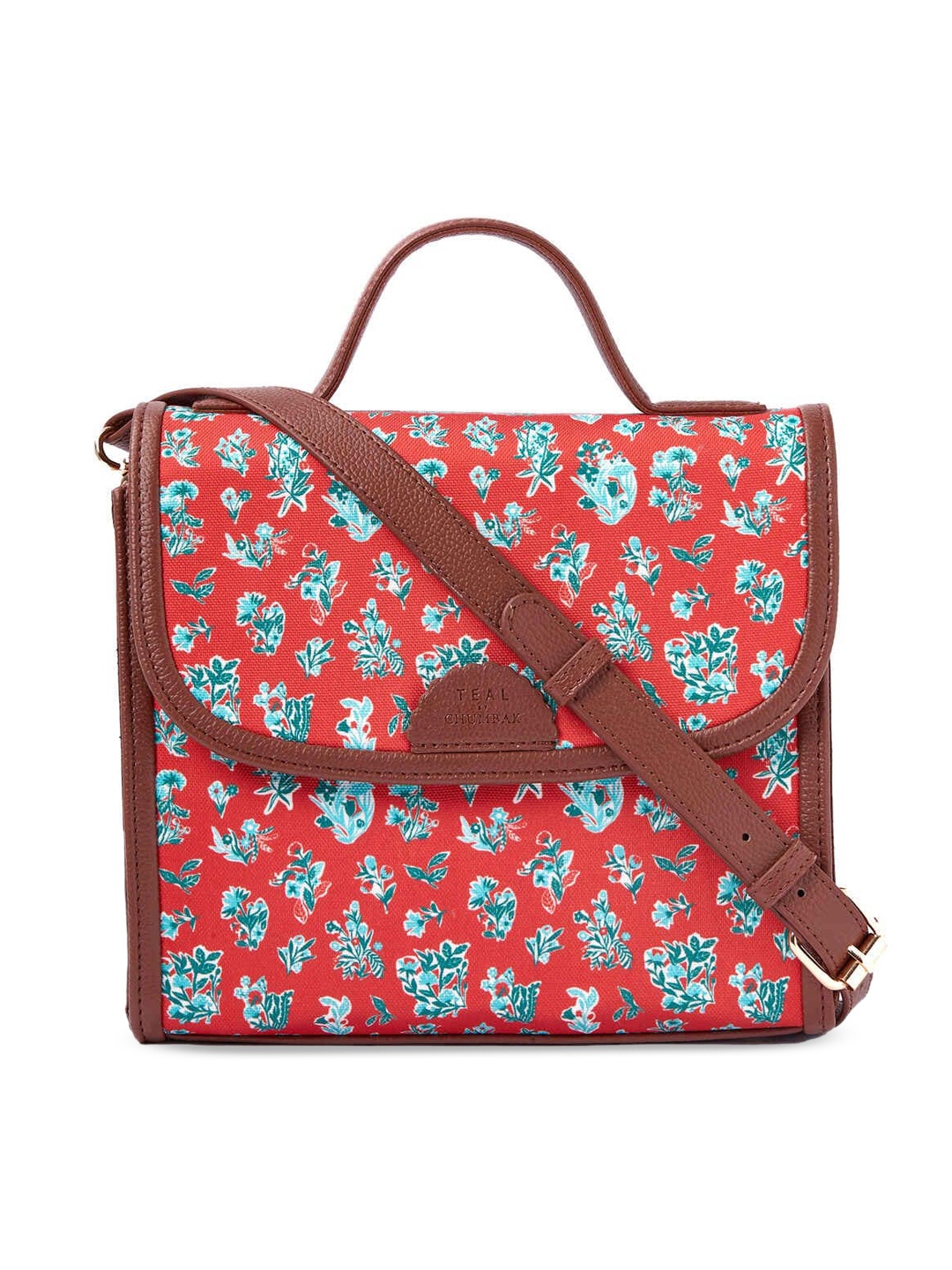 

TEAL BY CHUMBAK Detachable Sling Strap Floral Printed Structured Satchel Bag, Red